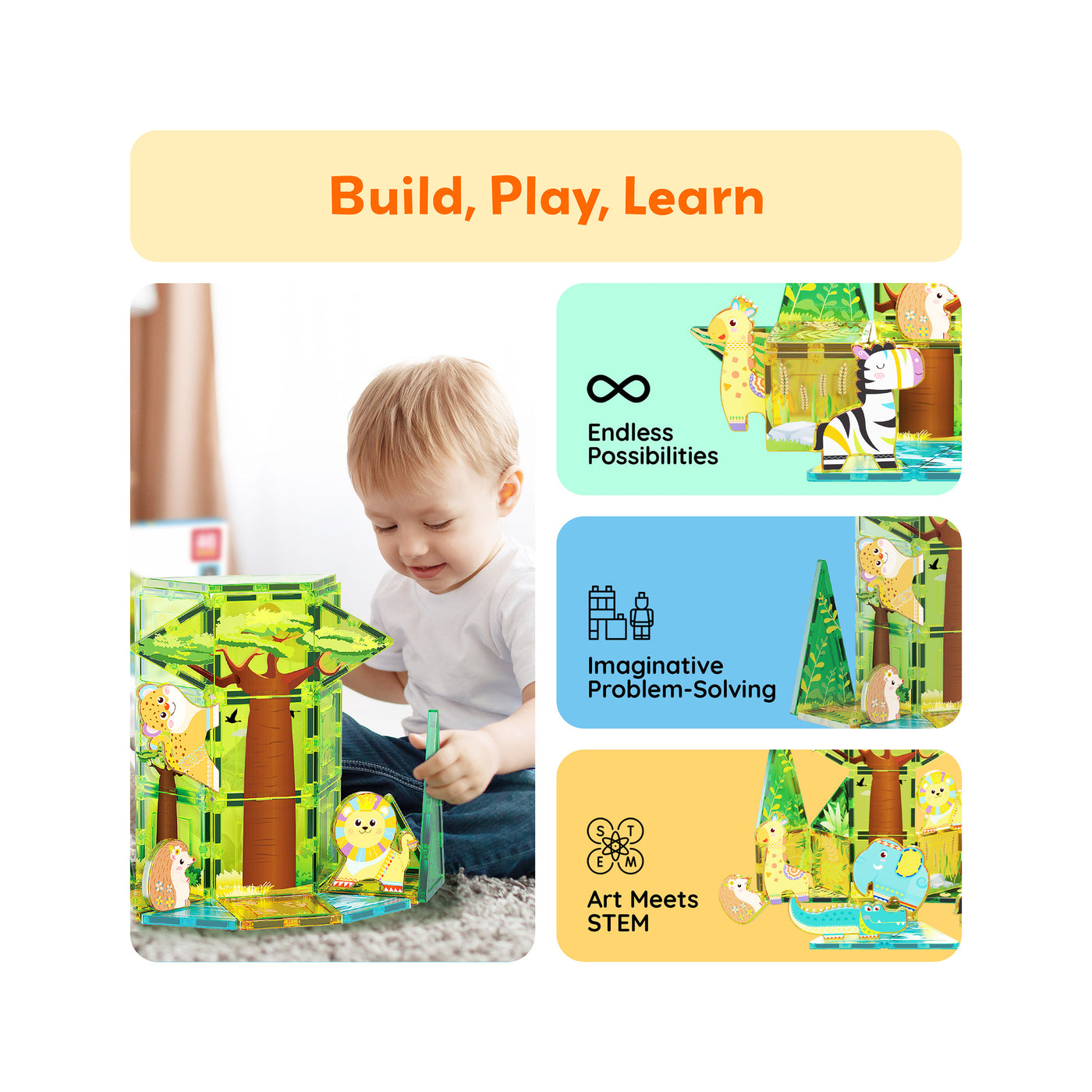 PicassoTiles Safari Magnet Tile Building Blocks with 8 Magnetic Animals