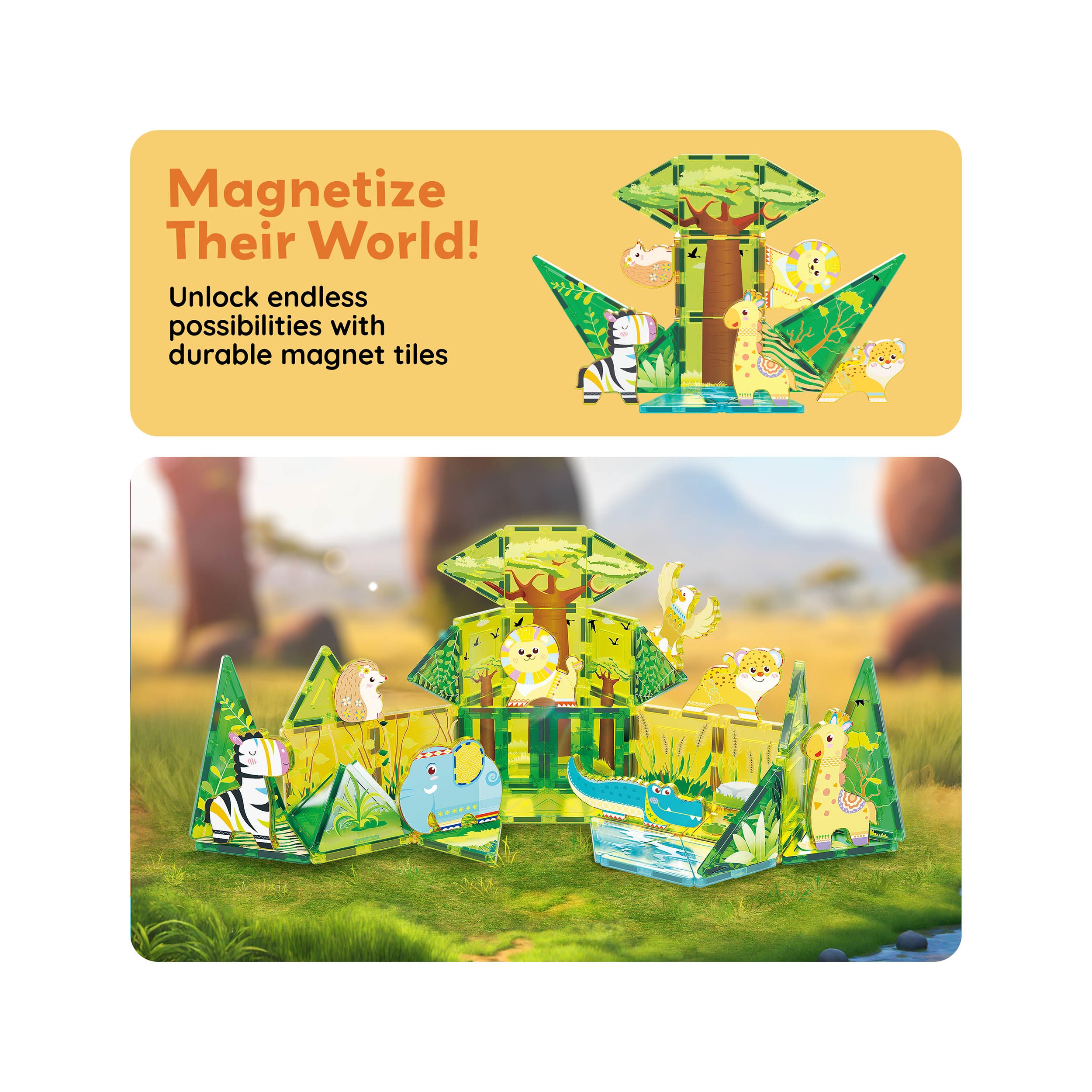PicassoTiles Safari Magnet Tile Building Blocks with 8 Magnetic Animals