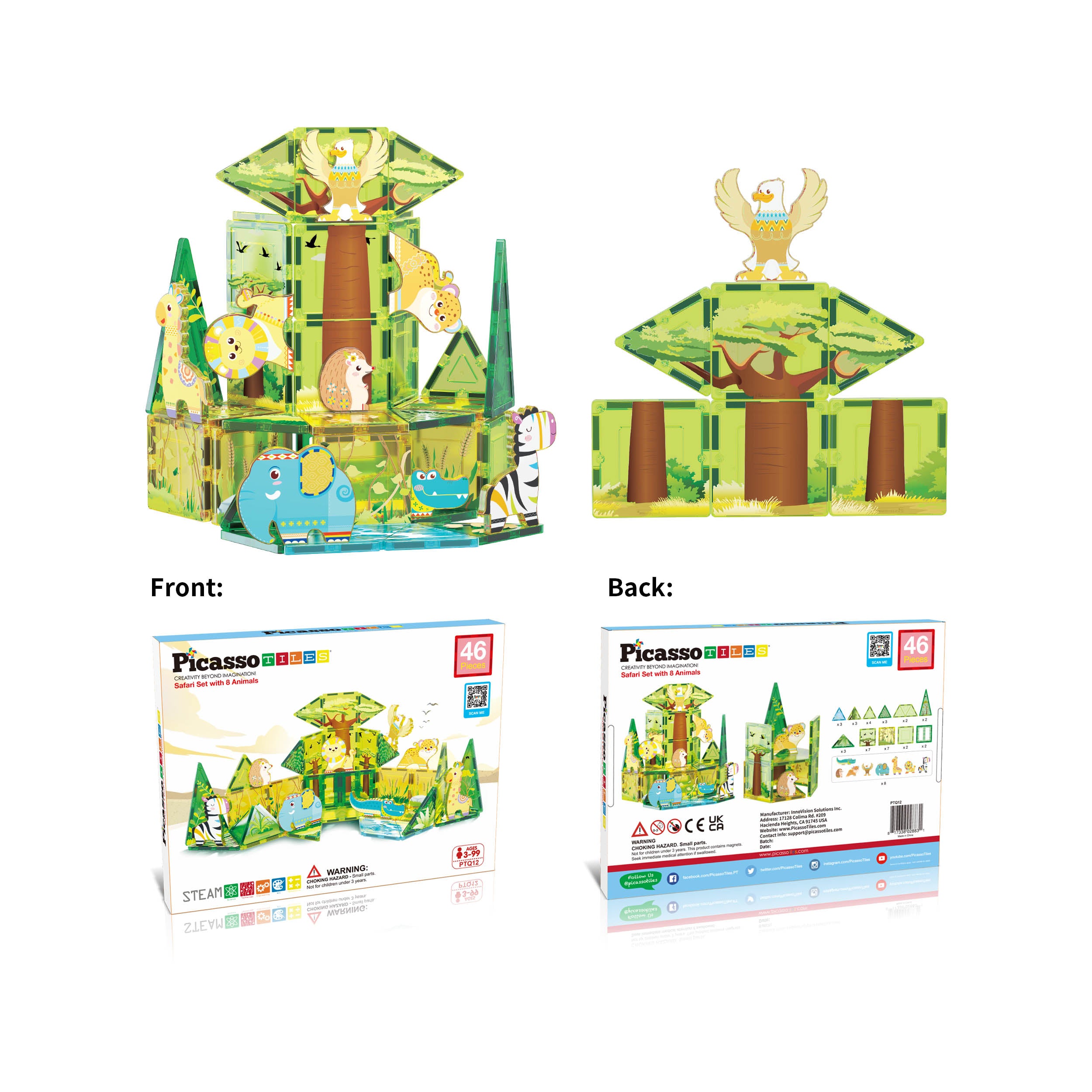 PicassoTiles Safari Magnet Tile Building Blocks with 8 Magnetic Animals