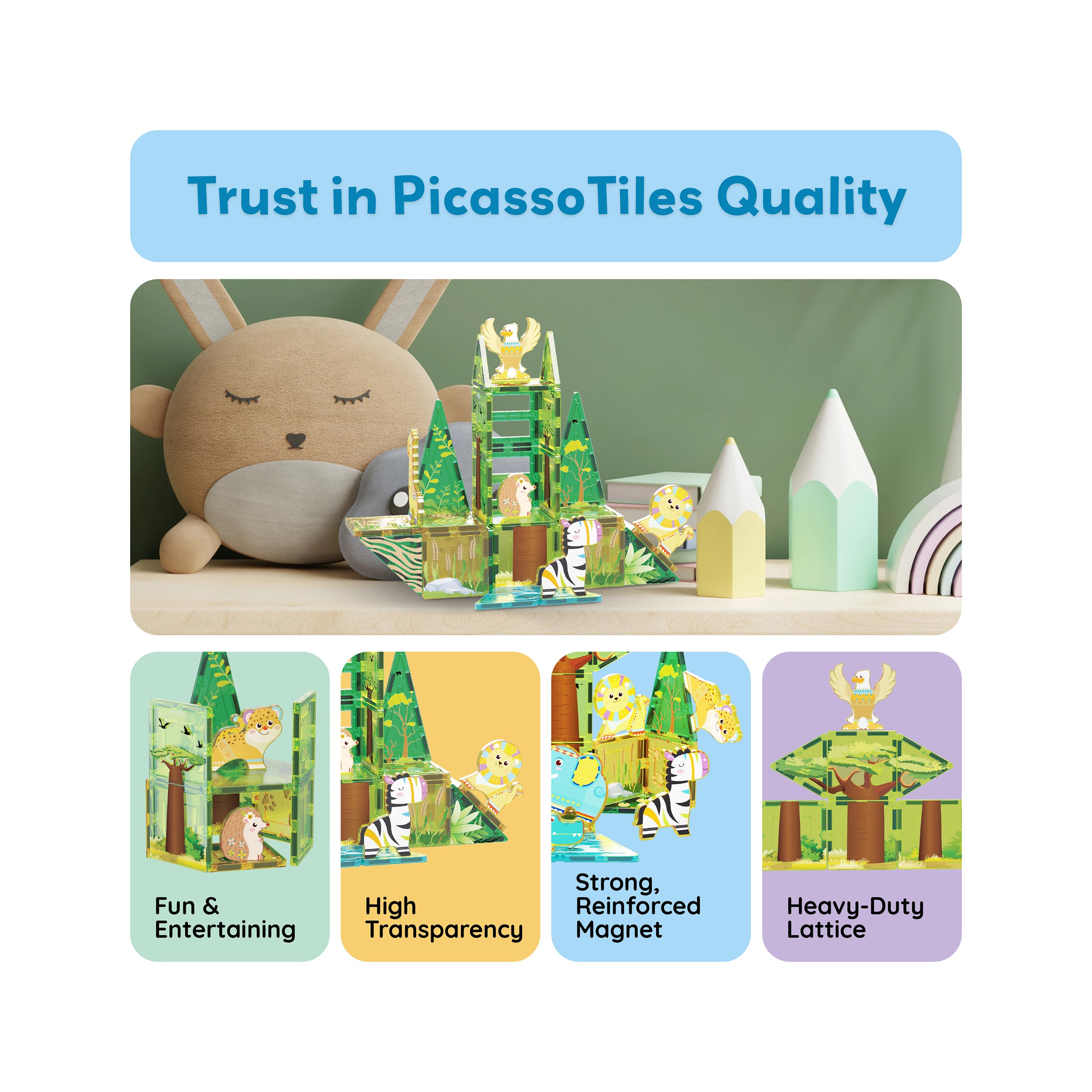 PicassoTiles Safari Magnet Tile Building Blocks with 8 Magnetic Animals