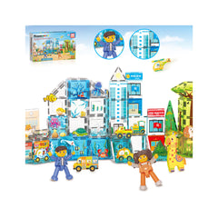 PicassoTiles city and aquarium magnetic tile set product box and assembled town with vehicles, figures, and a giraffe.