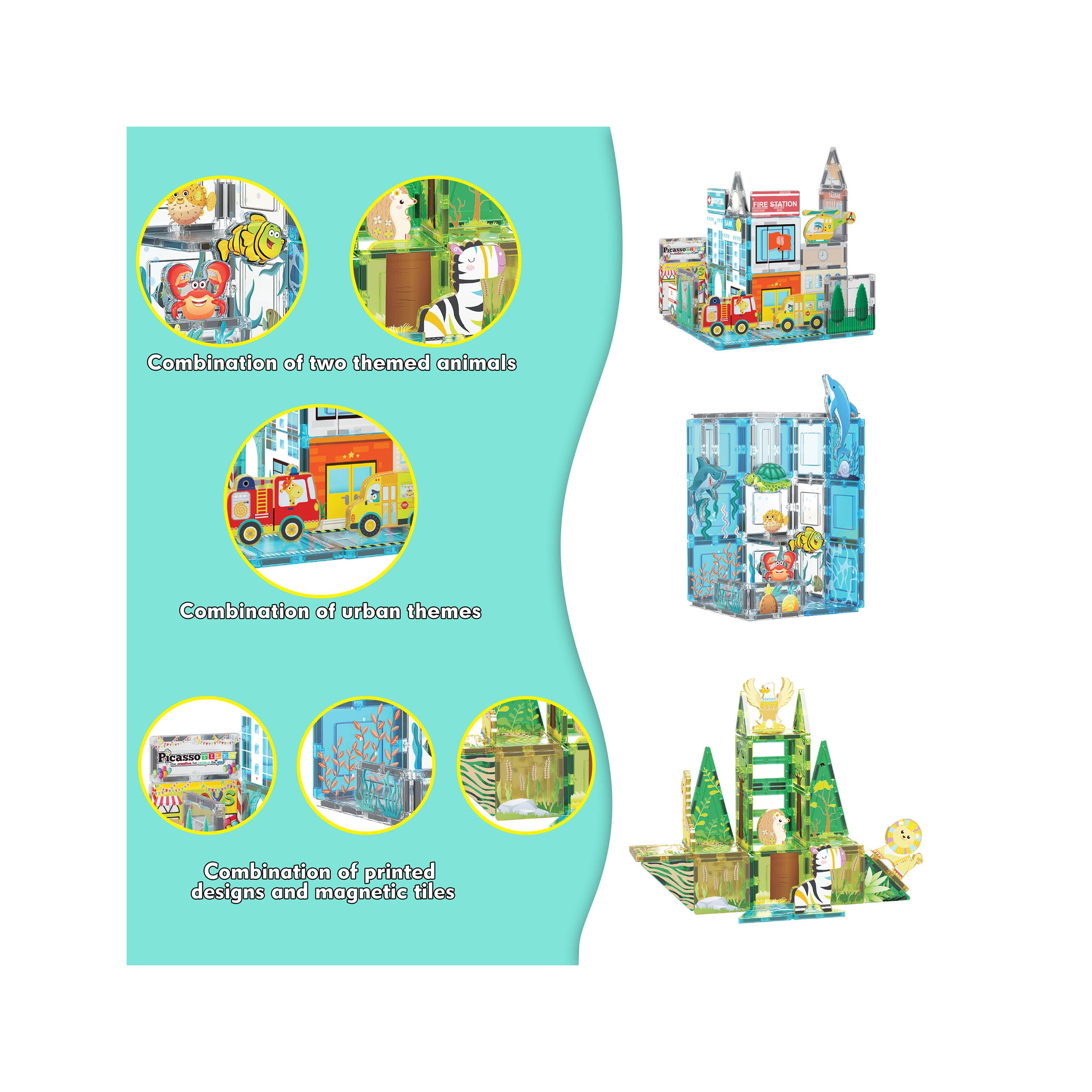 PicassoTiles 3-in-1 Magnetic Tiles Aquarium, Safari, and Metro Set