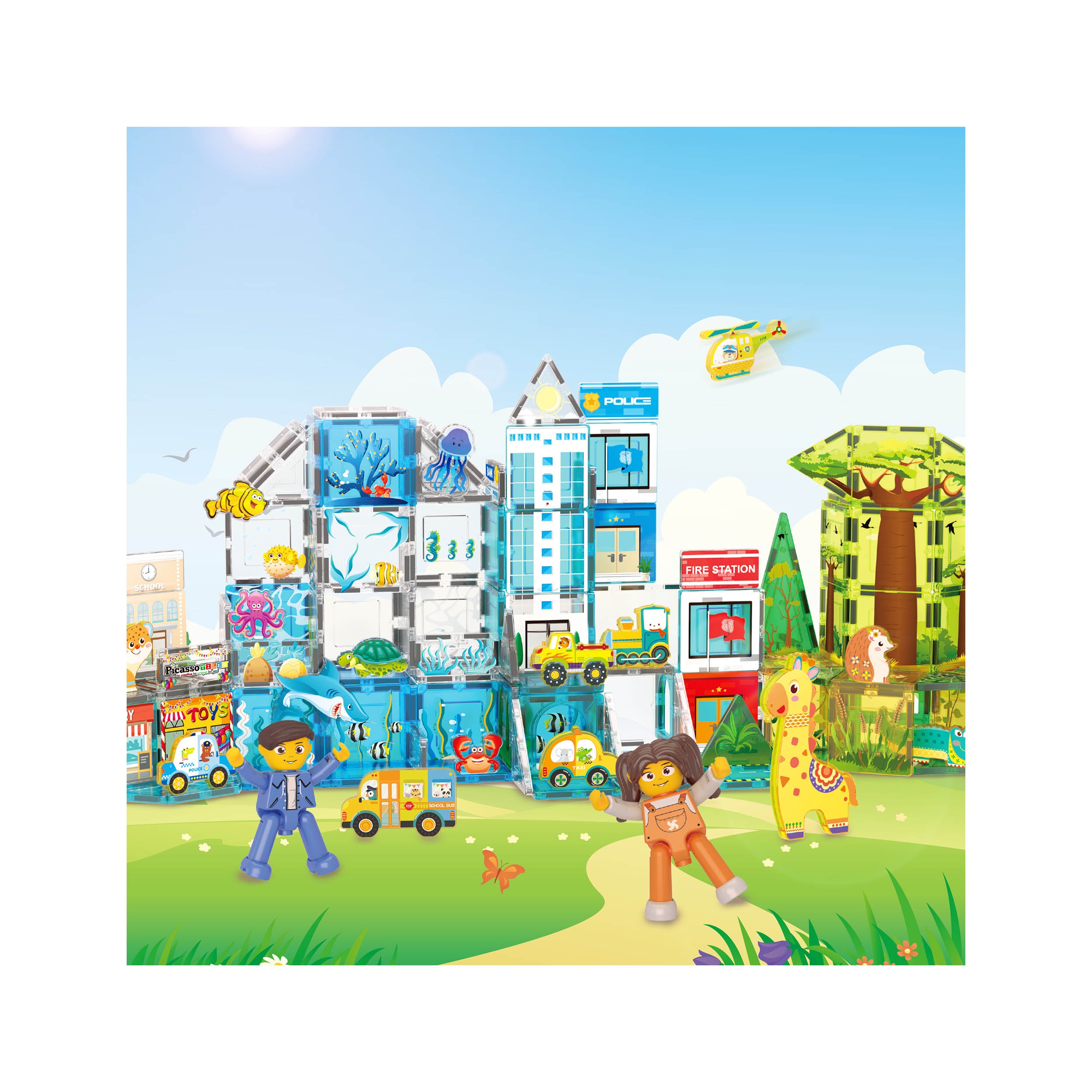 PicassoTiles 3-in-1 Magnetic Tiles Aquarium, Safari, and Metro Set