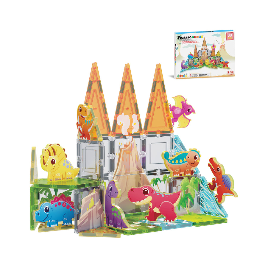 PicassoTiles Dino World Magnetic Tiles Adventure Set - 38 Pieces