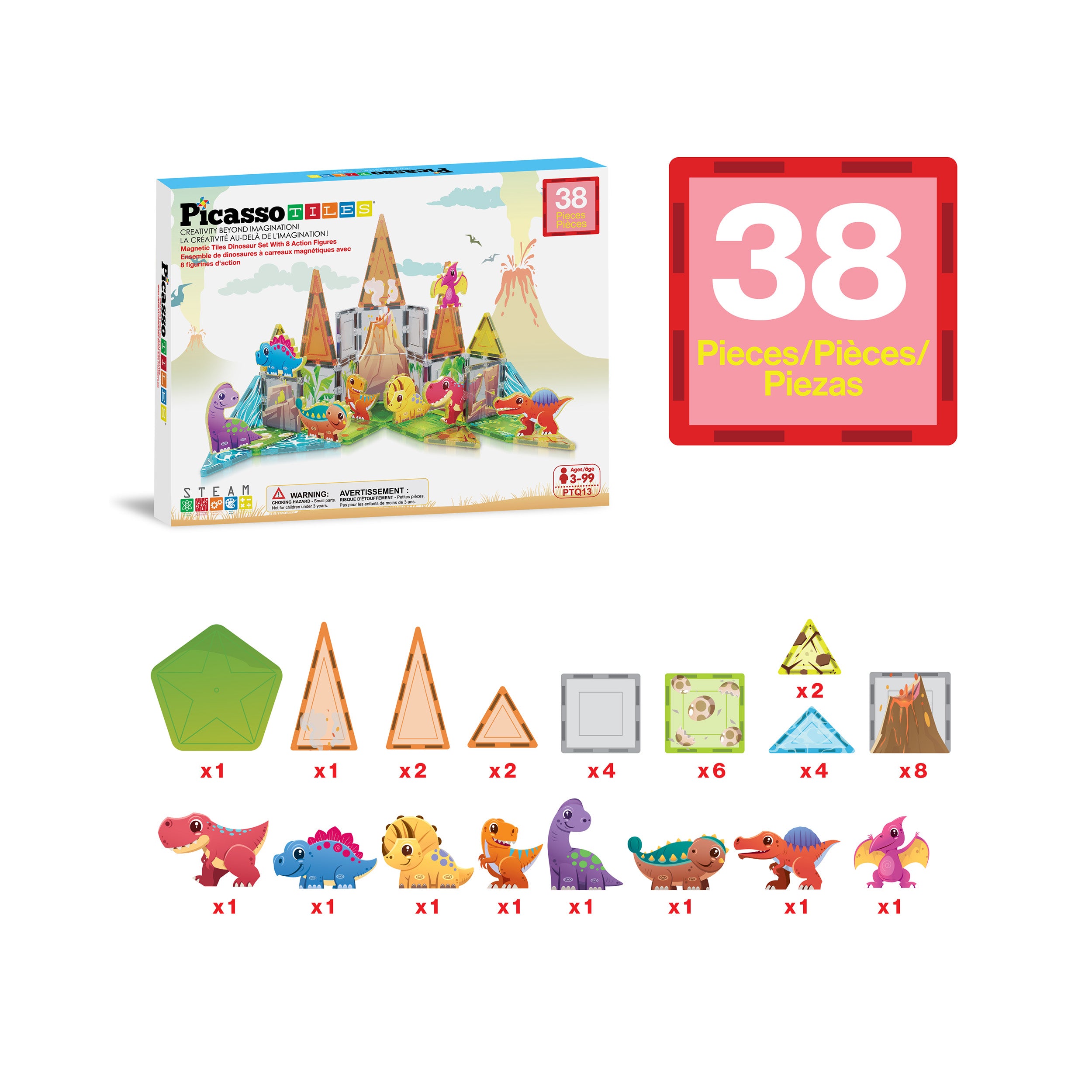 PicassoTiles Dino World Magnetic Tiles Adventure Set - 38 Pieces