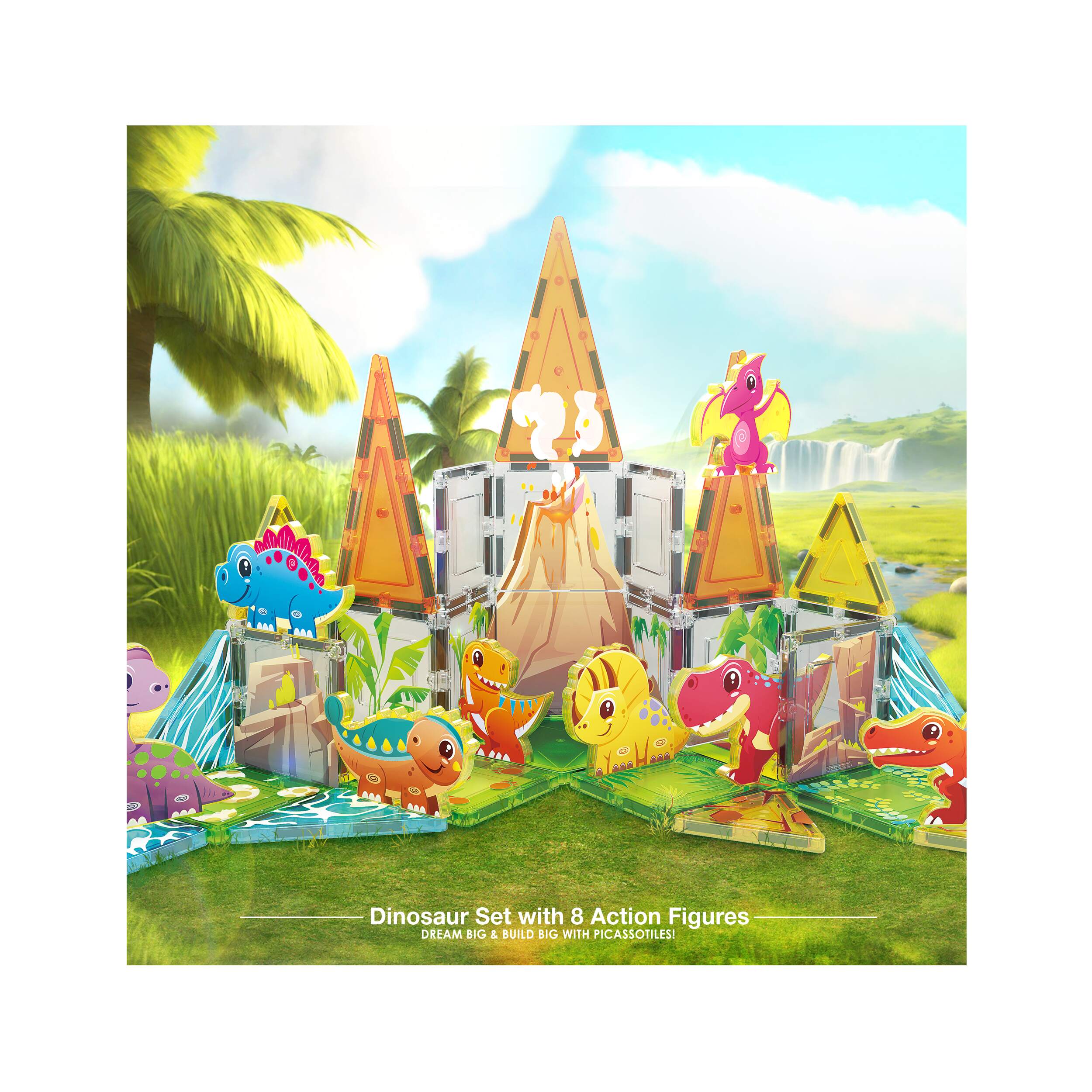 PicassoTiles Dino World Magnetic Tiles Adventure Set - 38 Pieces