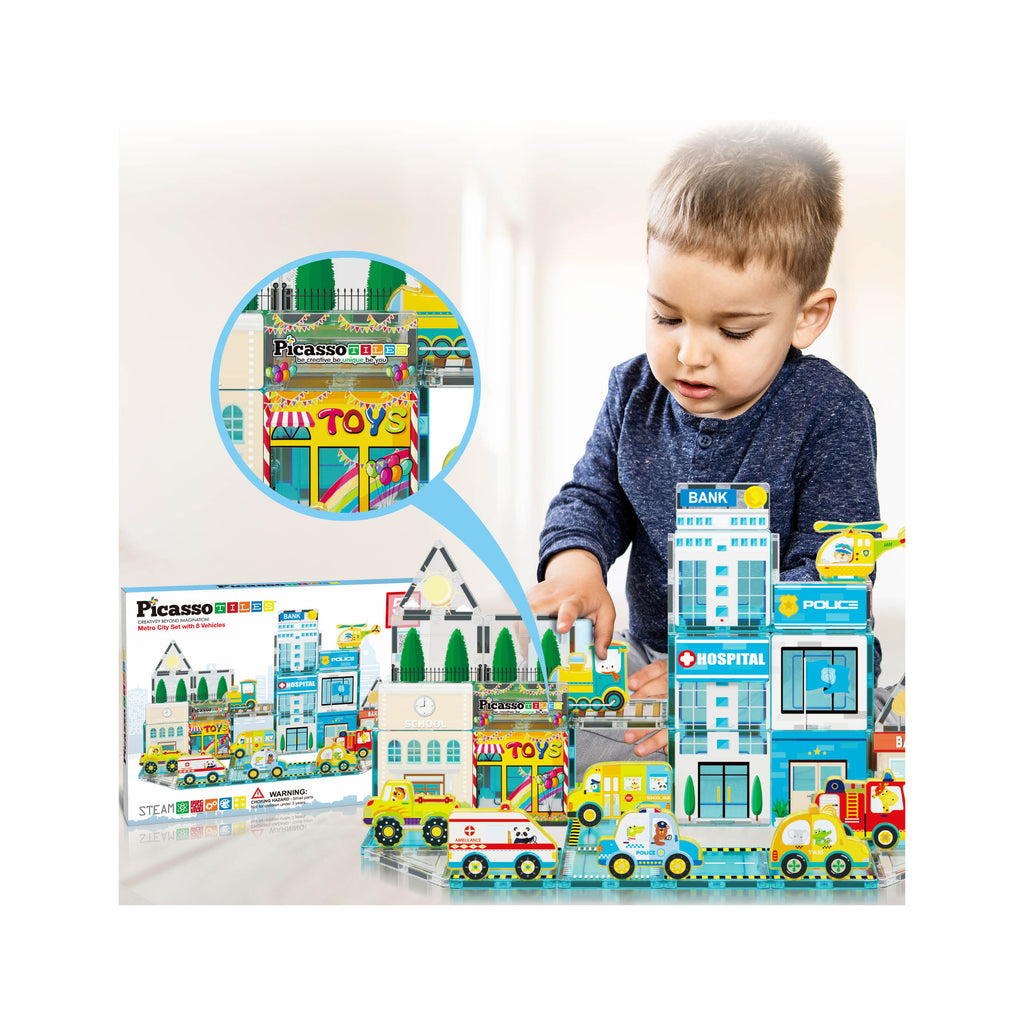 PicassoTiles Metro City Magnetic Tiles & Magnet Toys - Building Blocks