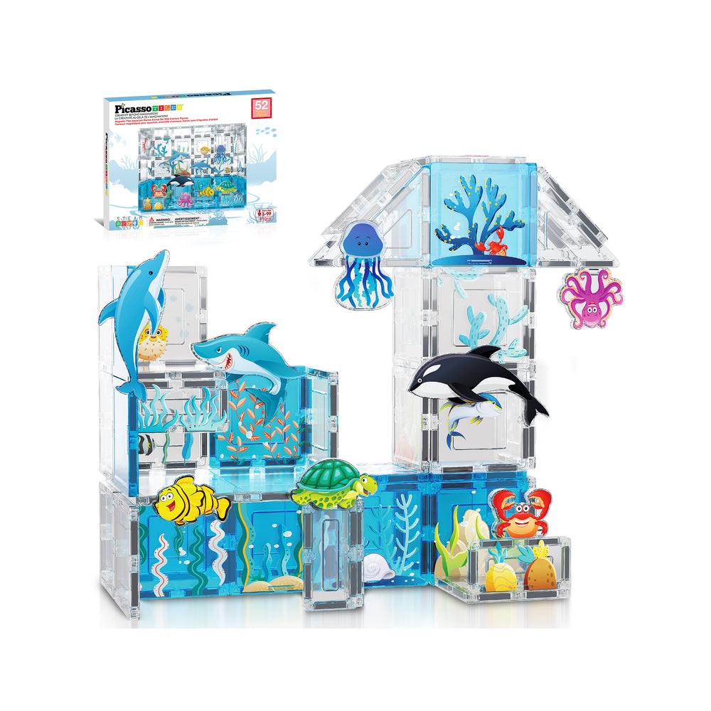 Magnetic tile aquarium scene with dolphin, shark, jellyfish, and coral-themed printed tiles