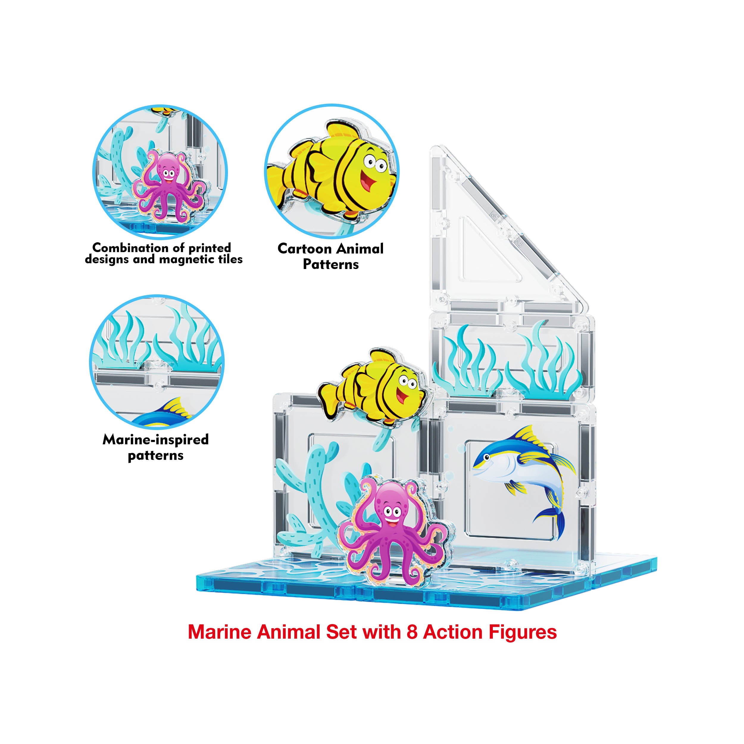 PicassoTiles 52 Piece Aquarium Marine World Magnet Tile Set with Oceanic Characters
