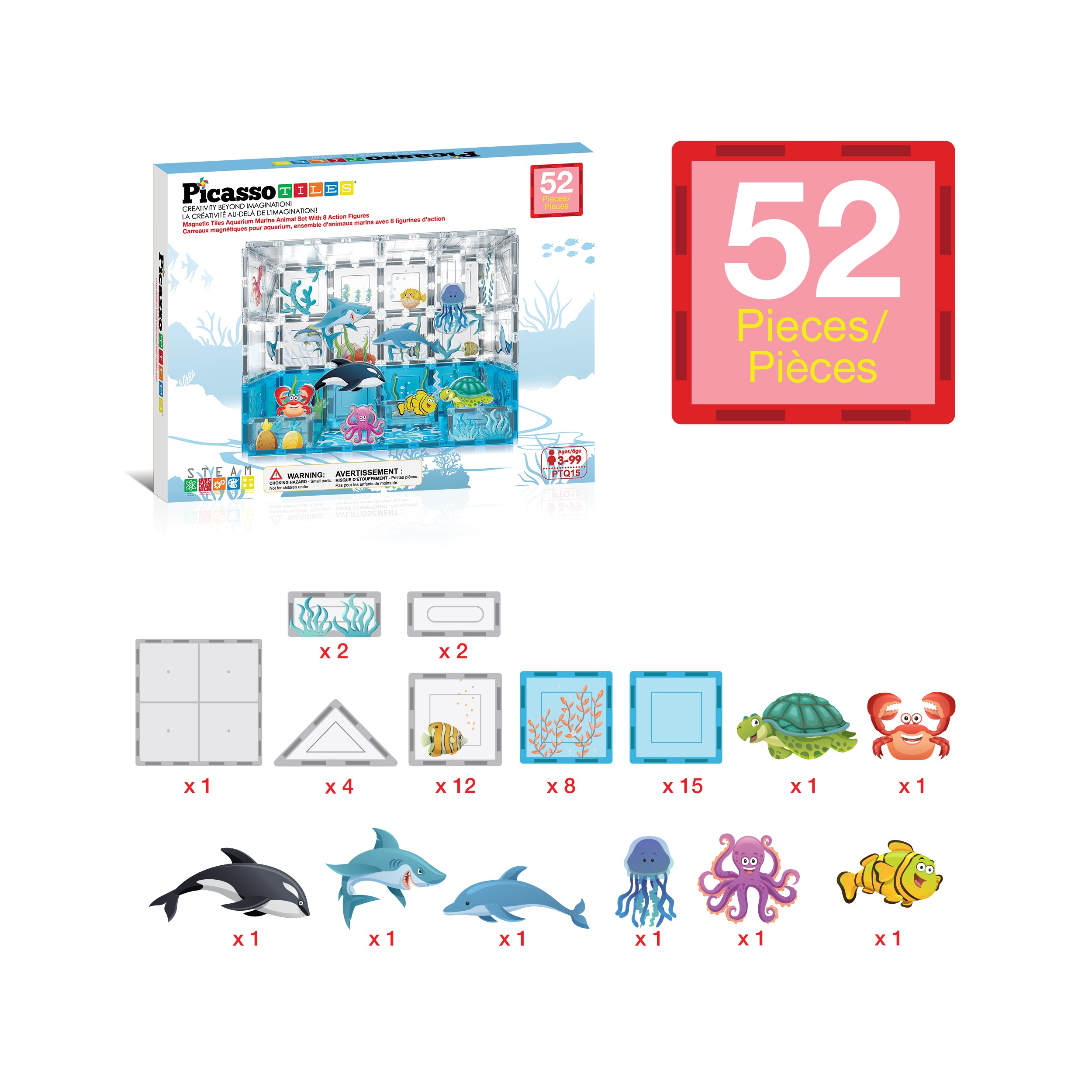 PicassoTiles 52 Piece Aquarium Marine World Magnet Tile Set with Oceanic Characters