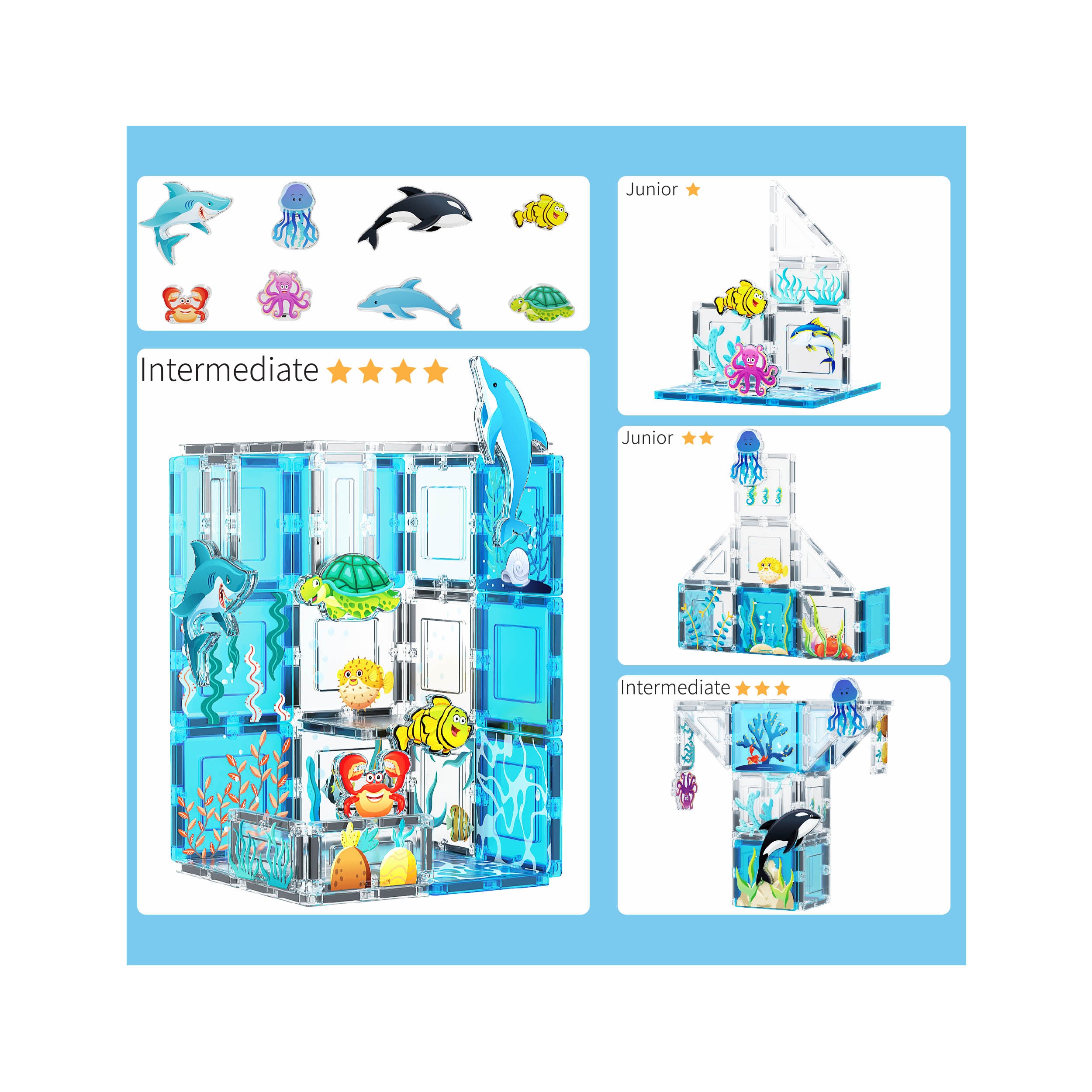 PicassoTiles 52 Piece Aquarium Marine World Magnet Tile Set with Oceanic Characters