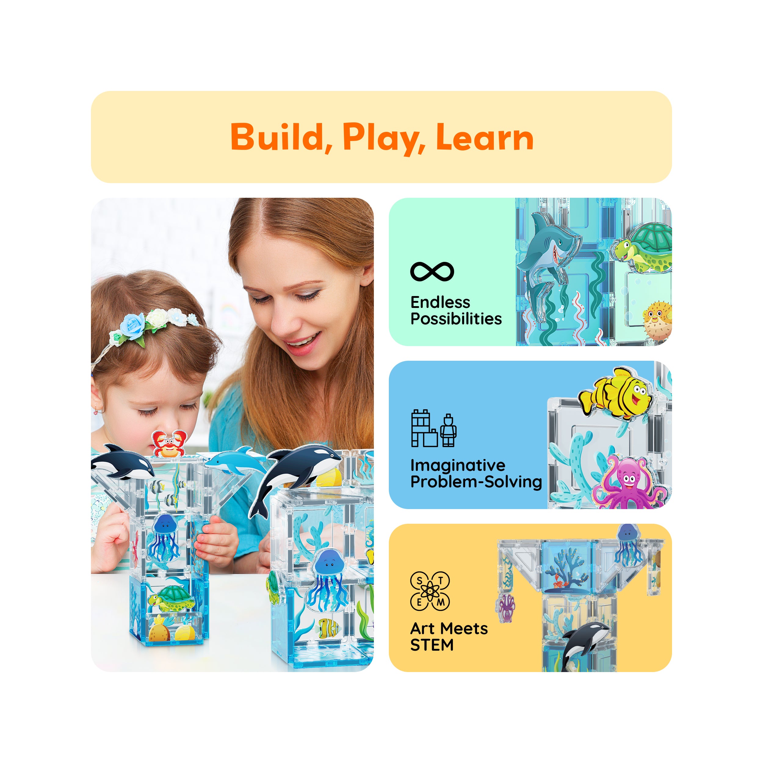 PicassoTiles 52 Piece Aquarium Marine World Magnet Tile Set with Oceanic Characters