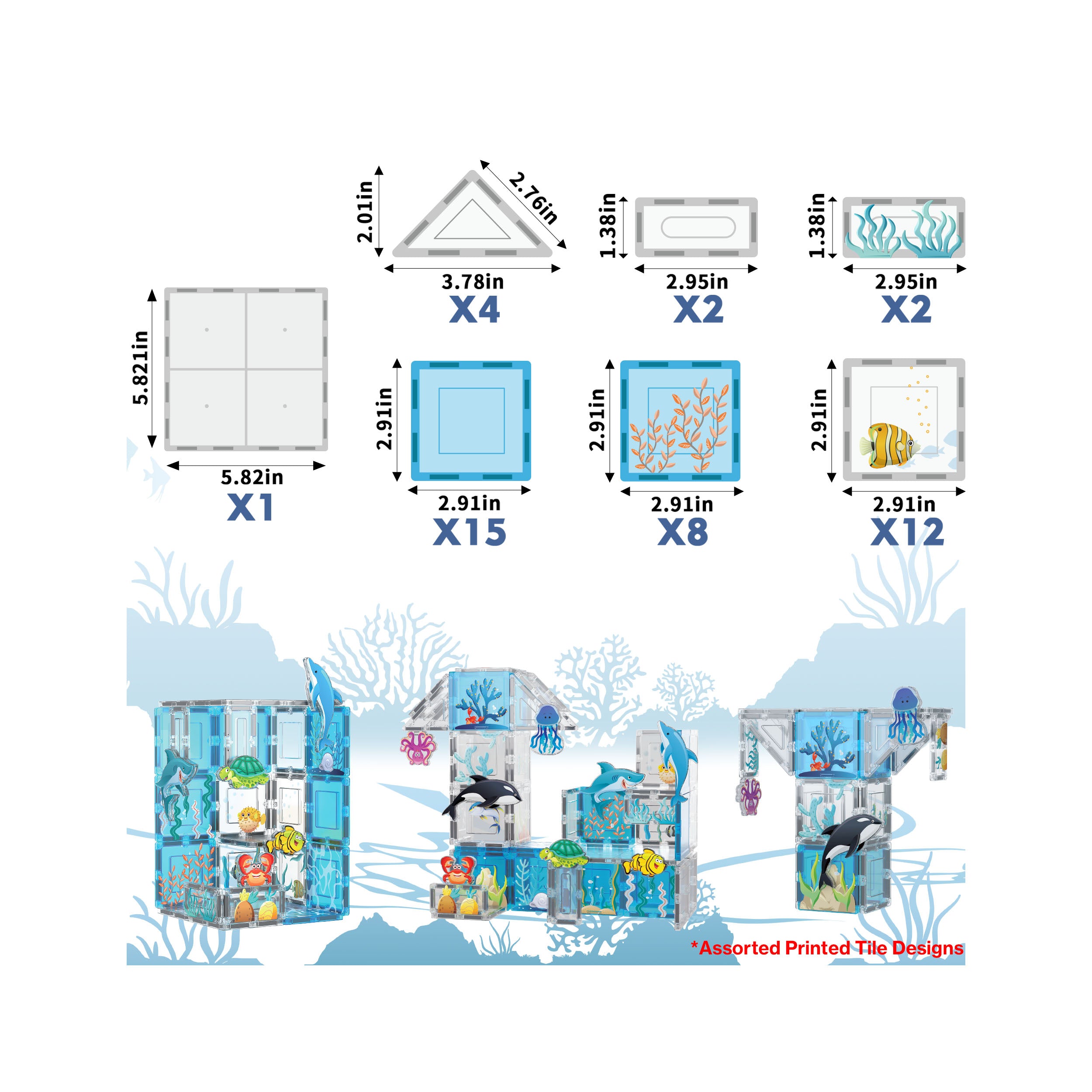 PicassoTiles 52 Piece Aquarium Marine World Magnet Tile Set with Oceanic Characters