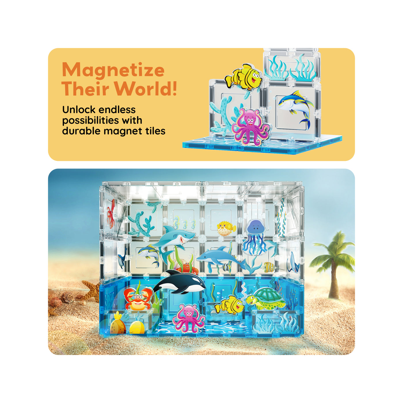 PicassoTiles 52 Piece Aquarium Marine World Magnet Tile Set with Oceanic Characters