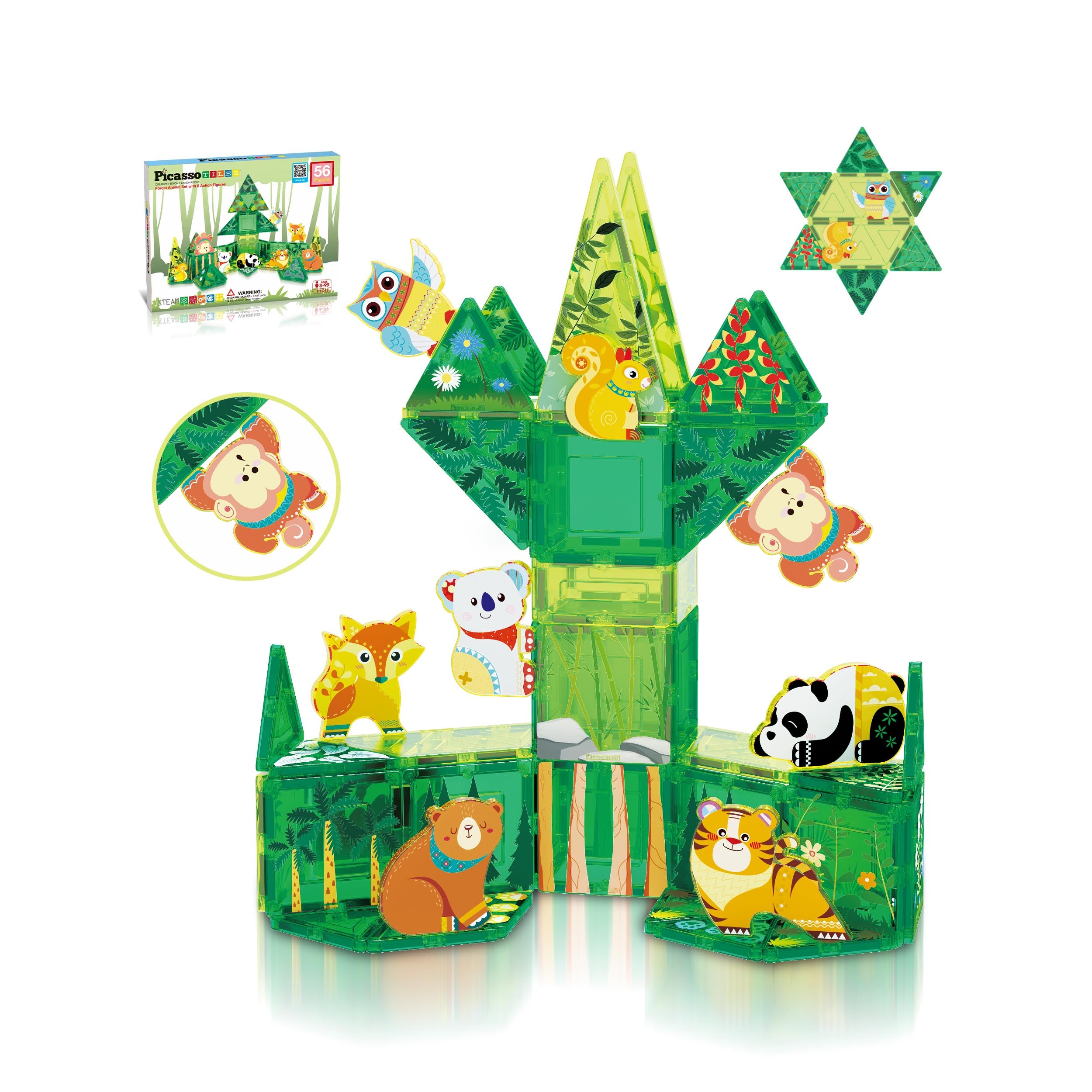 PicassoTiles Magnet Tile Building Blocks Forest Animal Theme Toy Set with 8  Character Action Figures
