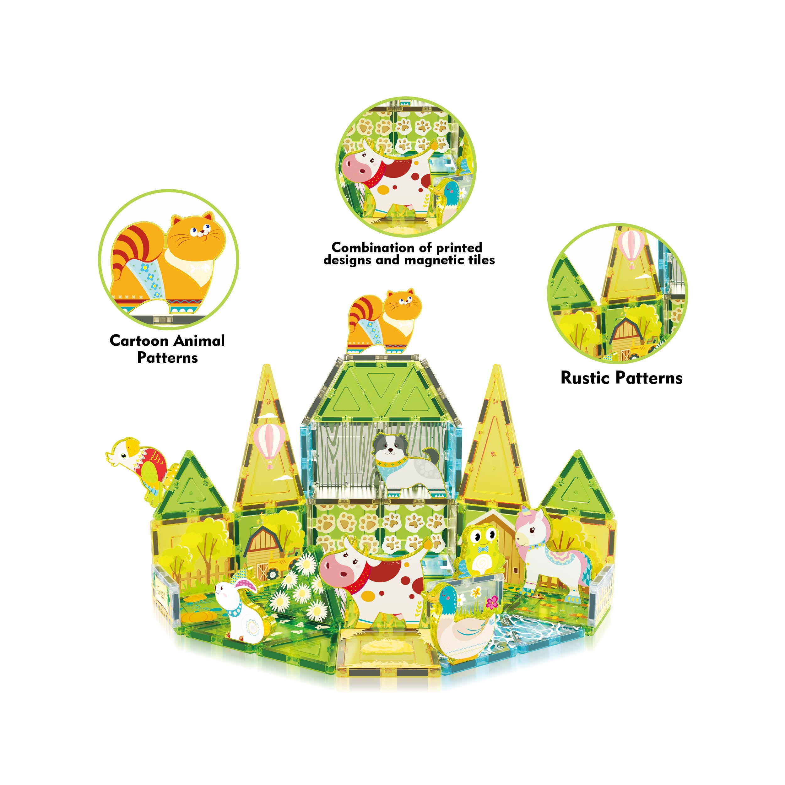 PicassoTiles Farm Animal Magnet Tile Building Blocks with Magnetic Characters