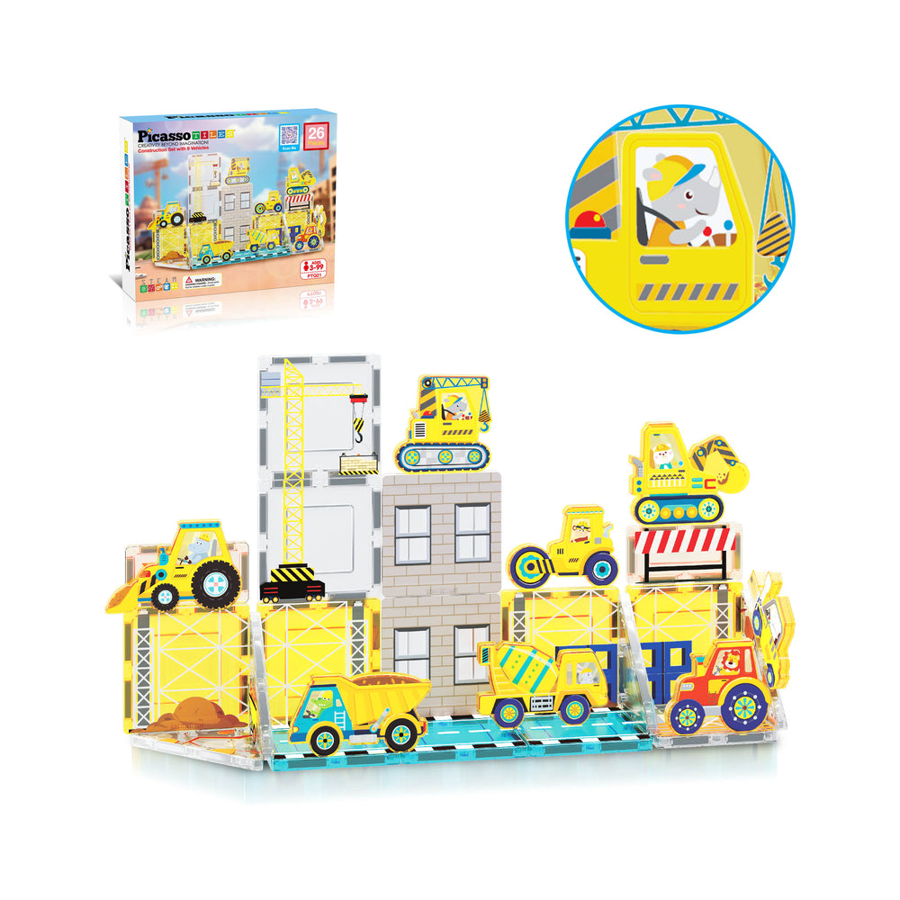 Assembled construction-themed yellow magnetic tile city structure with cartoon trucks and a rhinoceros driver figure.