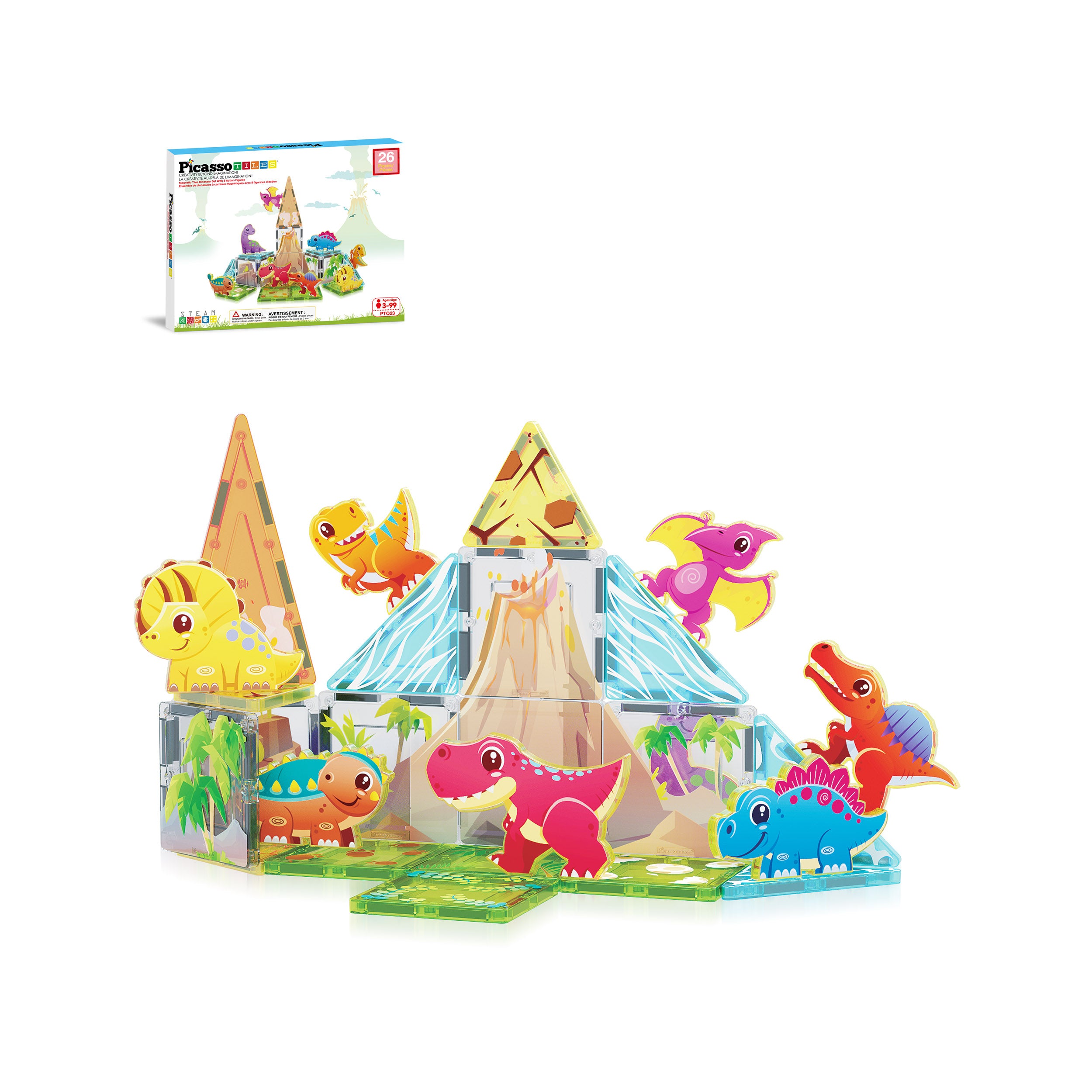 PicassoTiles Magnet Tiles 26pcs Building Blocks Dinosaur World Themed Playset