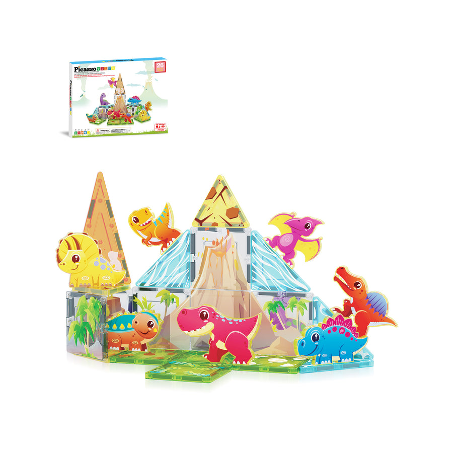 PicassoTiles Magnet Tiles 26pcs Building Blocks Dinosaur World Themed Playset