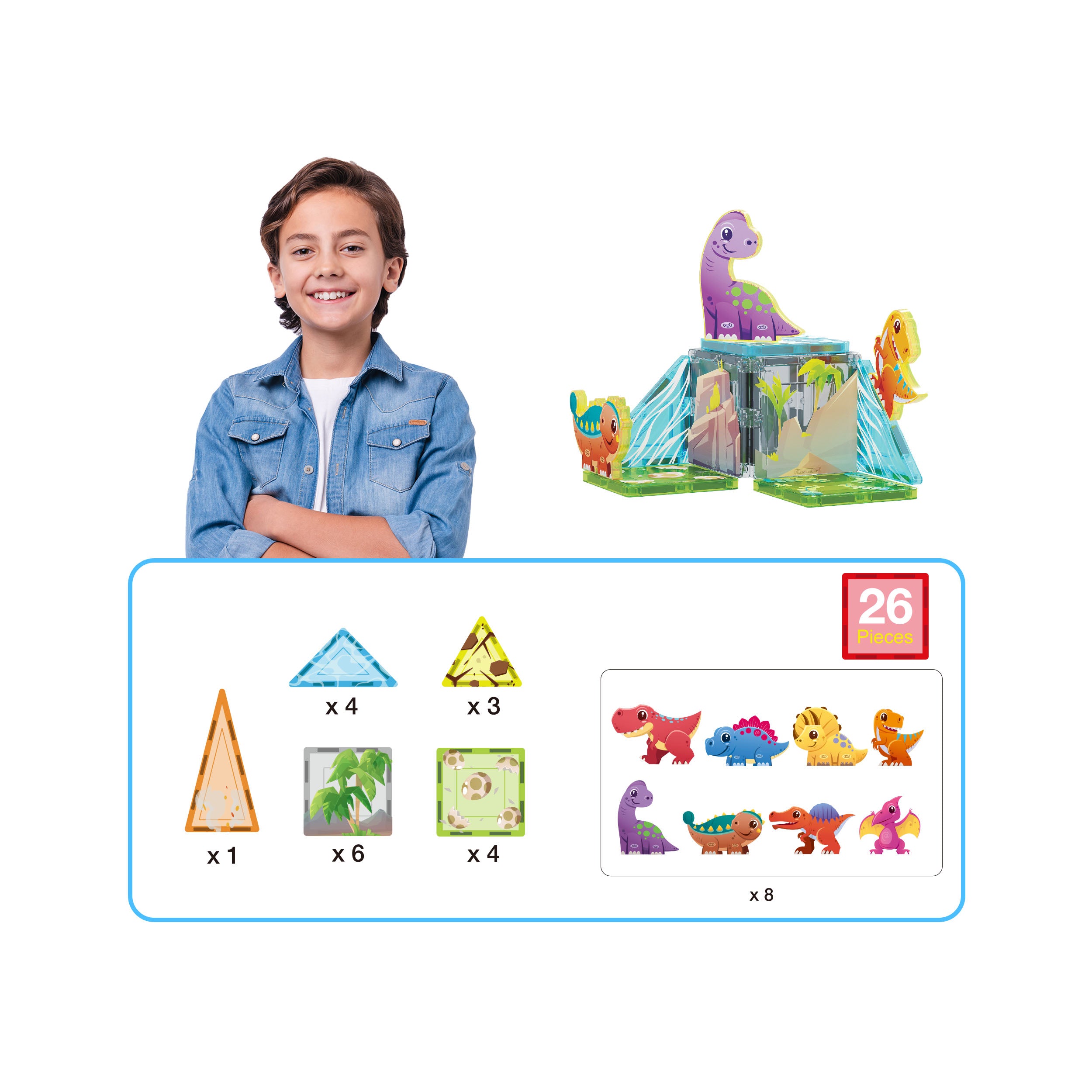PicassoTiles Magnet Tiles 26pcs Building Blocks Dinosaur World Themed Playset