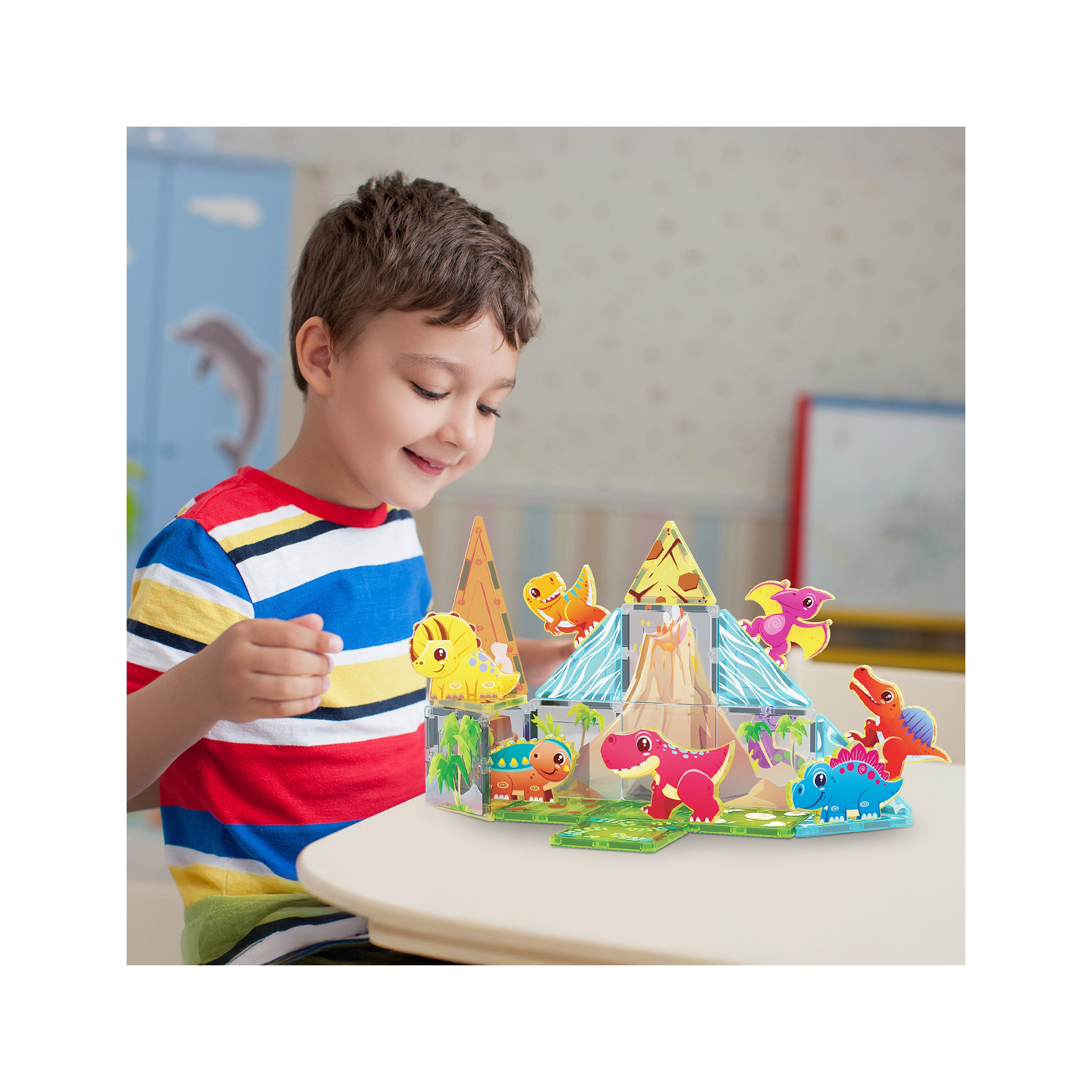 PicassoTiles Magnet Tiles 26pcs Building Blocks Dinosaur World Themed Playset