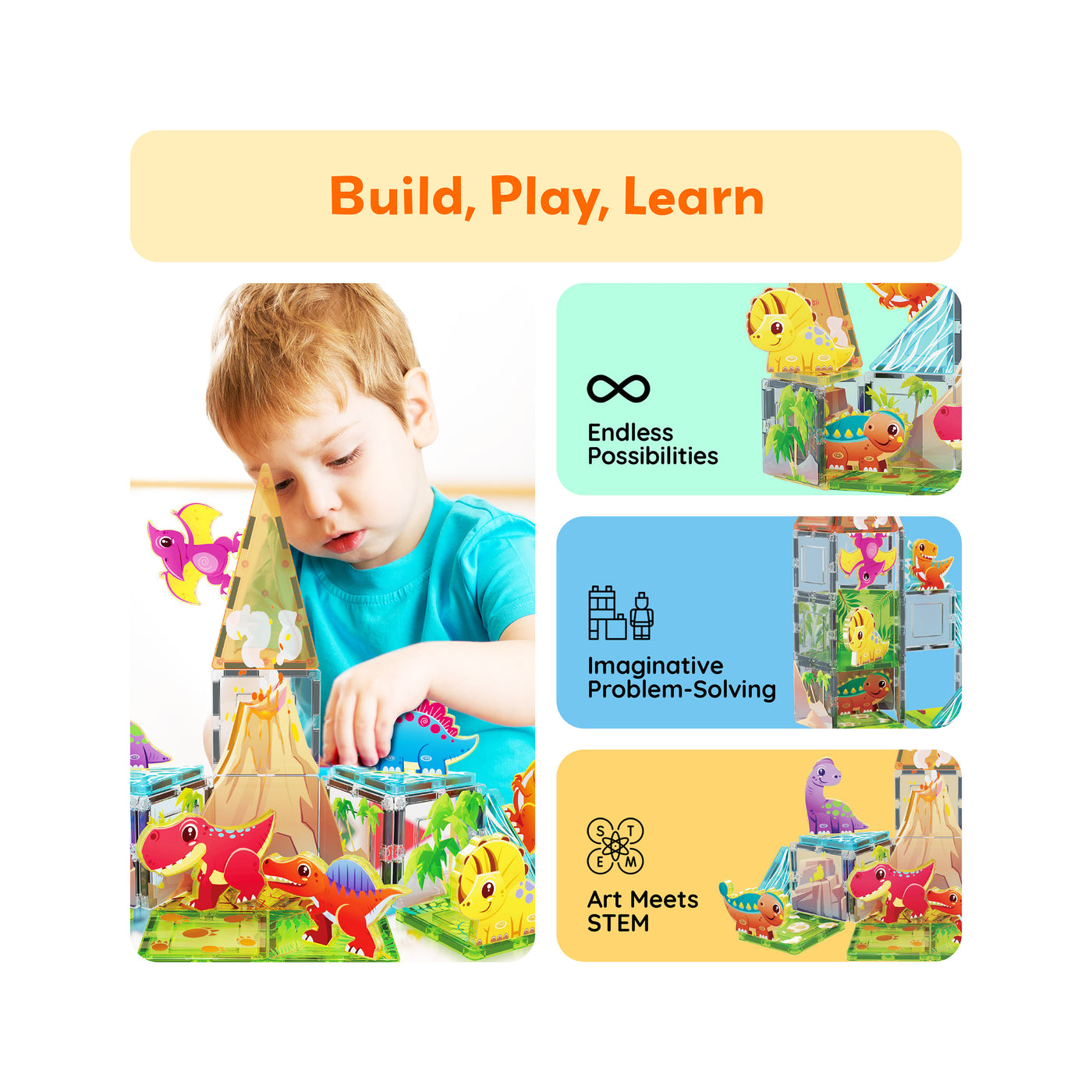 PicassoTiles Magnet Tiles 26pcs Building Blocks Dinosaur World Themed Playset