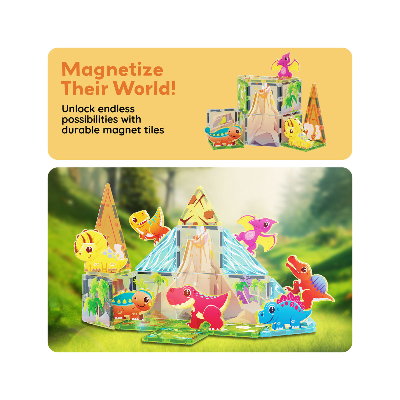 PicassoTiles Magnet Tiles 26pcs Building Blocks Dinosaur World Themed Playset