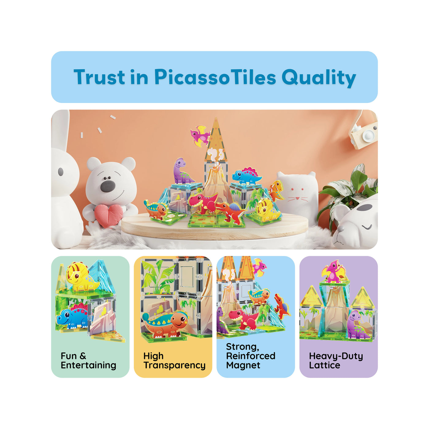 PicassoTiles Magnet Tiles 26pcs Building Blocks Dinosaur World Themed Playset