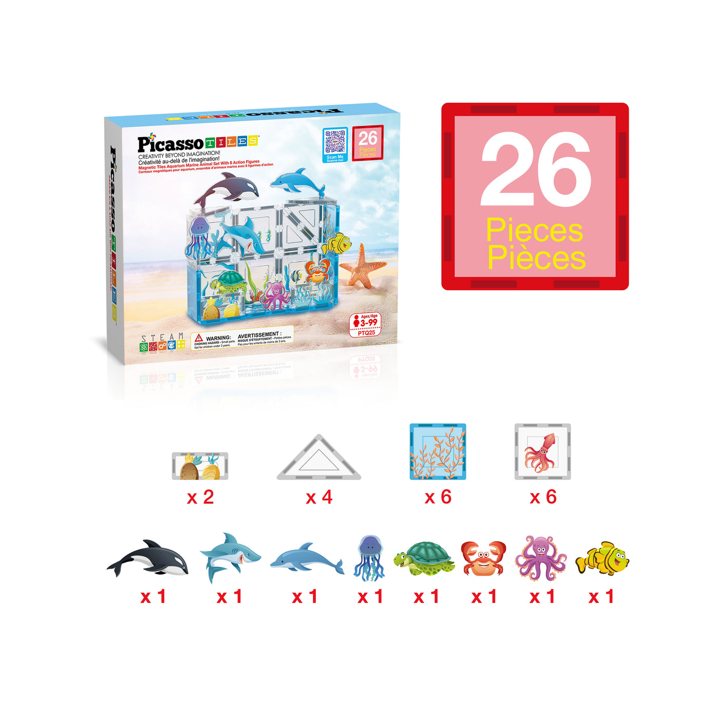 PicassoTiles 26 Piece Marine World Magnetic Toy with Ocean Characters