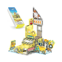 PicassoTiles Nano Tiles construction site magnetic set with built vehicles structure and yellow travel case.