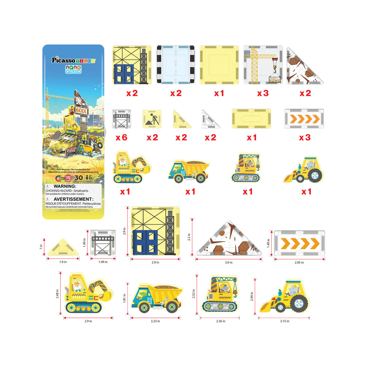 PicassoTiles Nano Tiles 30-piece construction set piece breakdown diagram with tile and vehicle dimensions.   