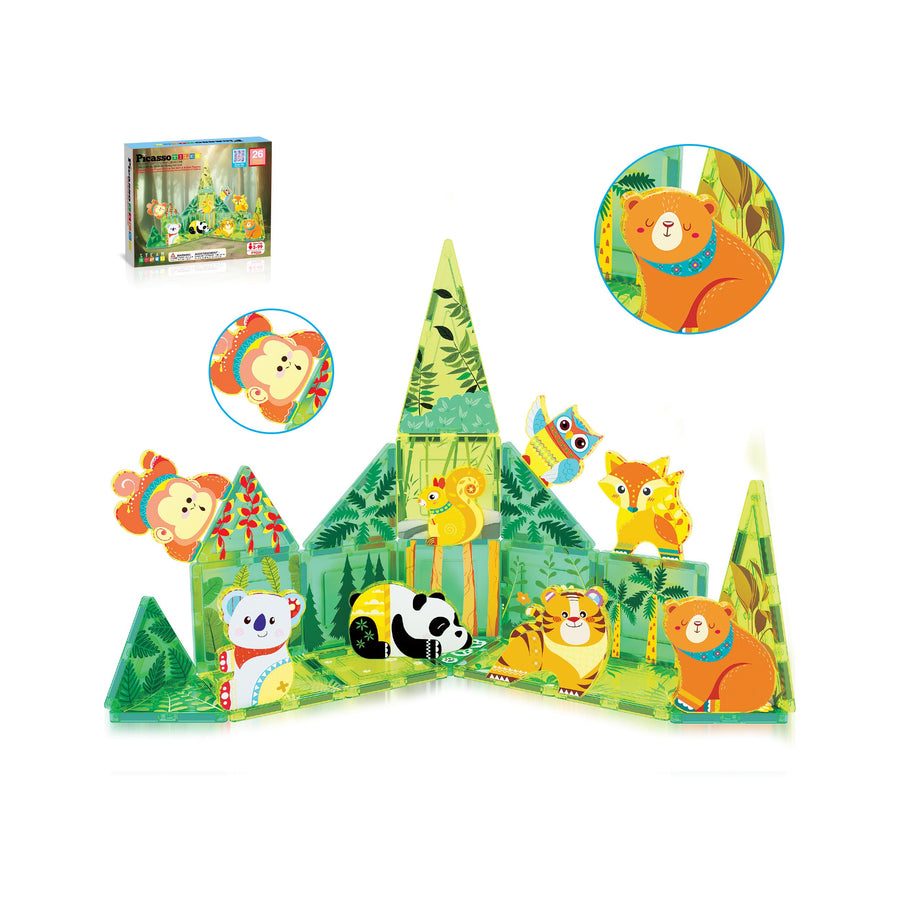 PicassoTiles 26 Piece Forest Animal Magnet Tile Building Blocks Set