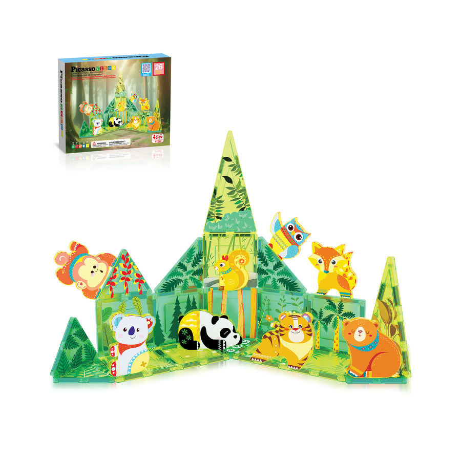 PicassoTiles 26 Piece Forest Animal Magnet Tile Building Blocks Set