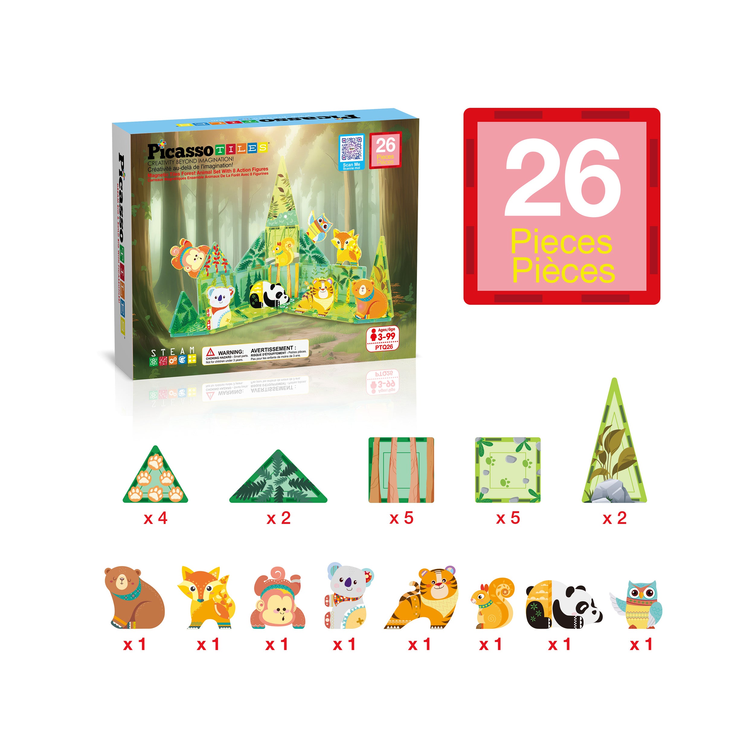 PicassoTiles 26 Piece Forest Animal Magnet Tile Building Blocks Set