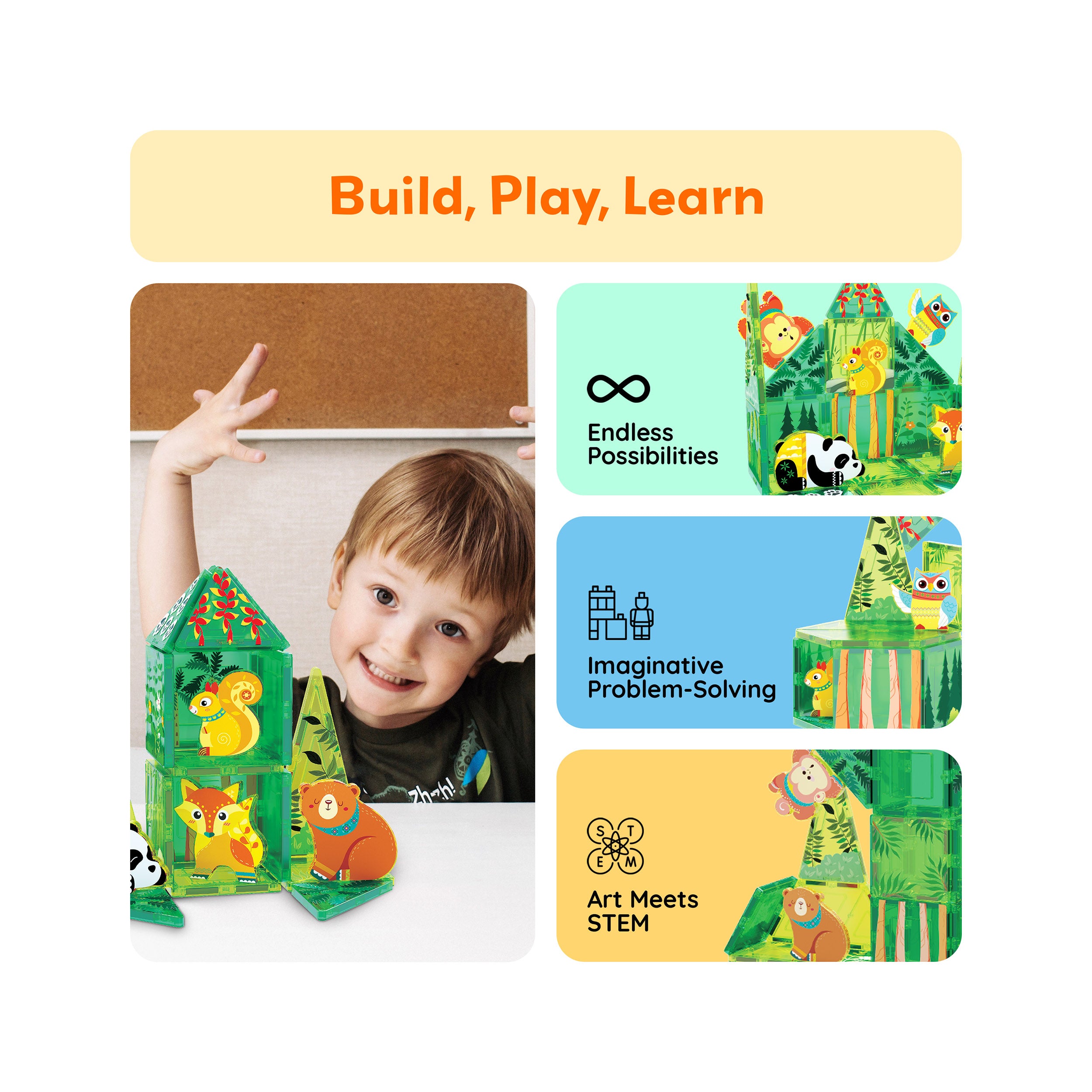 PicassoTiles 26 Piece Forest Animal Magnet Tile Building Blocks Set