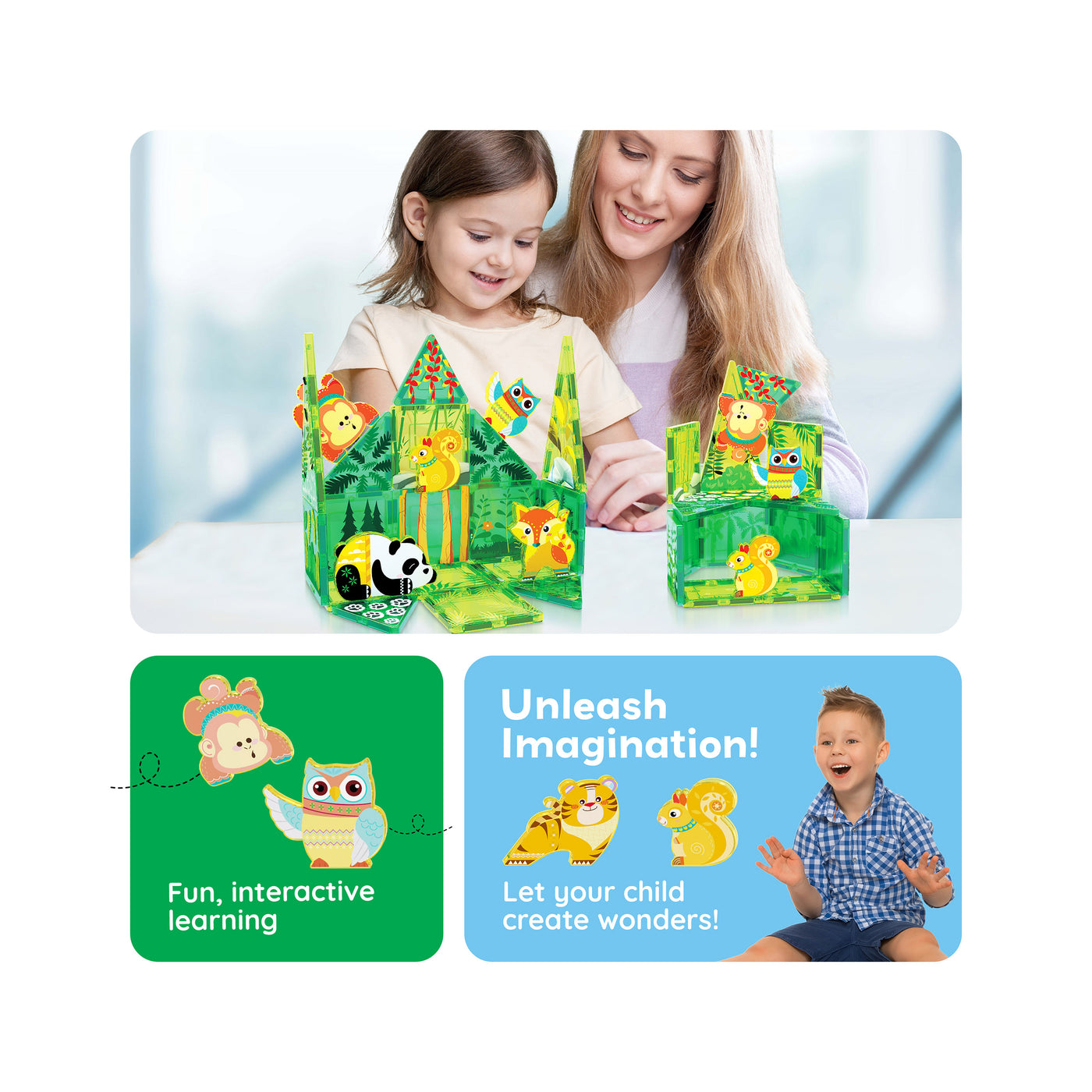 PicassoTiles 26 Piece Forest Animal Magnet Tile Building Blocks Set
