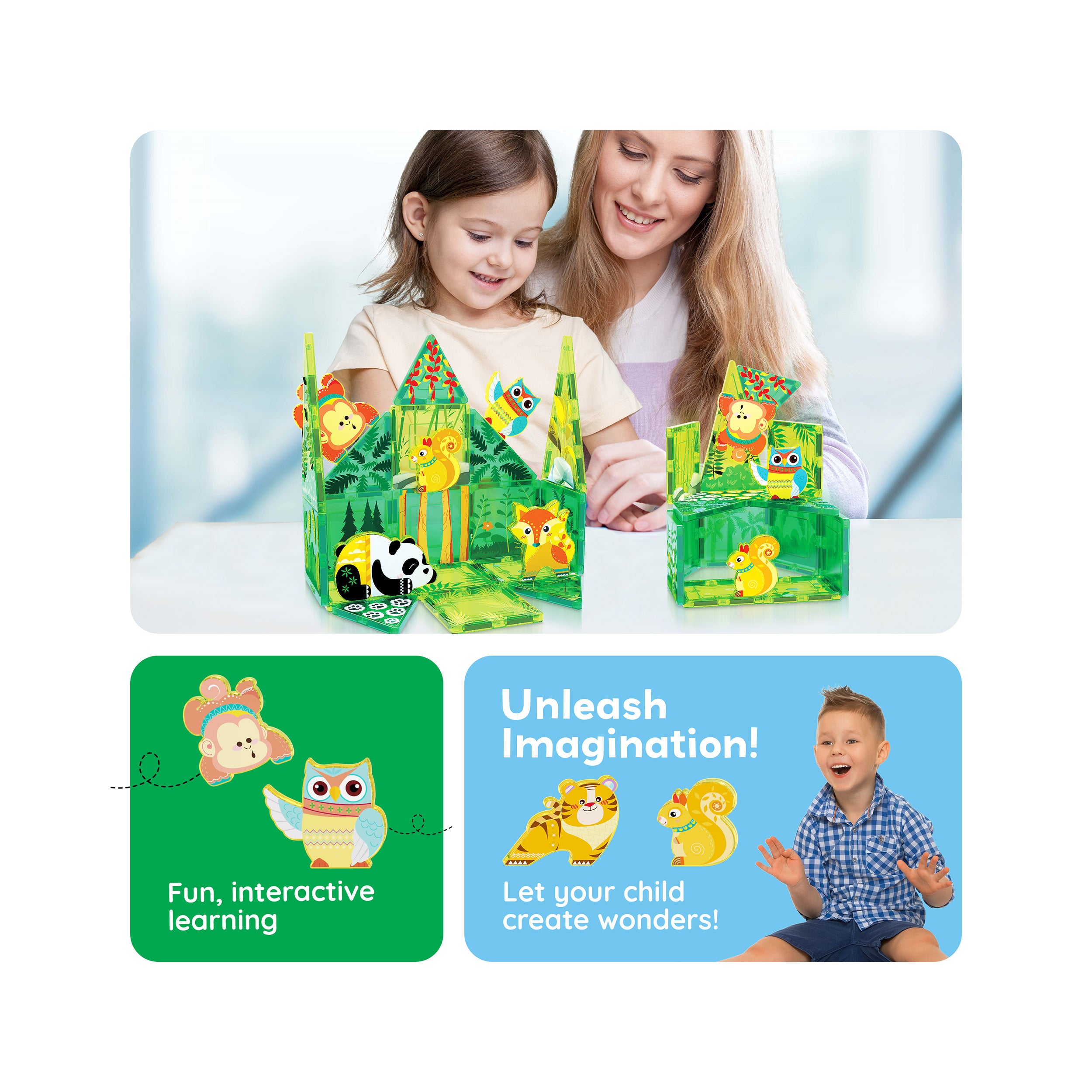 PicassoTiles 26 Piece Forest Animal Magnet Tile Building Blocks Set