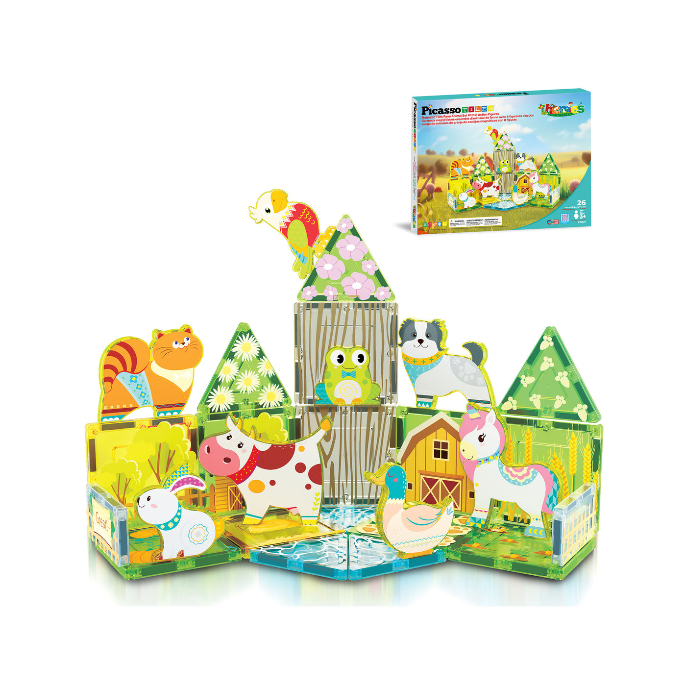 PicassoTiles Magnet Tile Building Blocks Printed Fall Farm Themed Animal Toy Set with 8 Farmyard Animals Character Action Figures