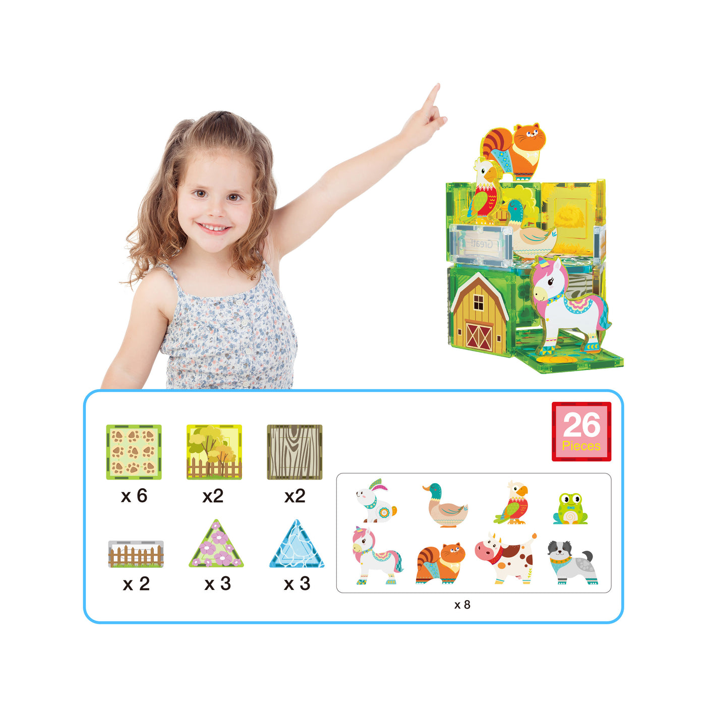 PicassoTiles Magnet Tile Building Blocks Printed Fall Farm Themed Animal Toy Set with 8 Farmyard Animals Character Action Figures