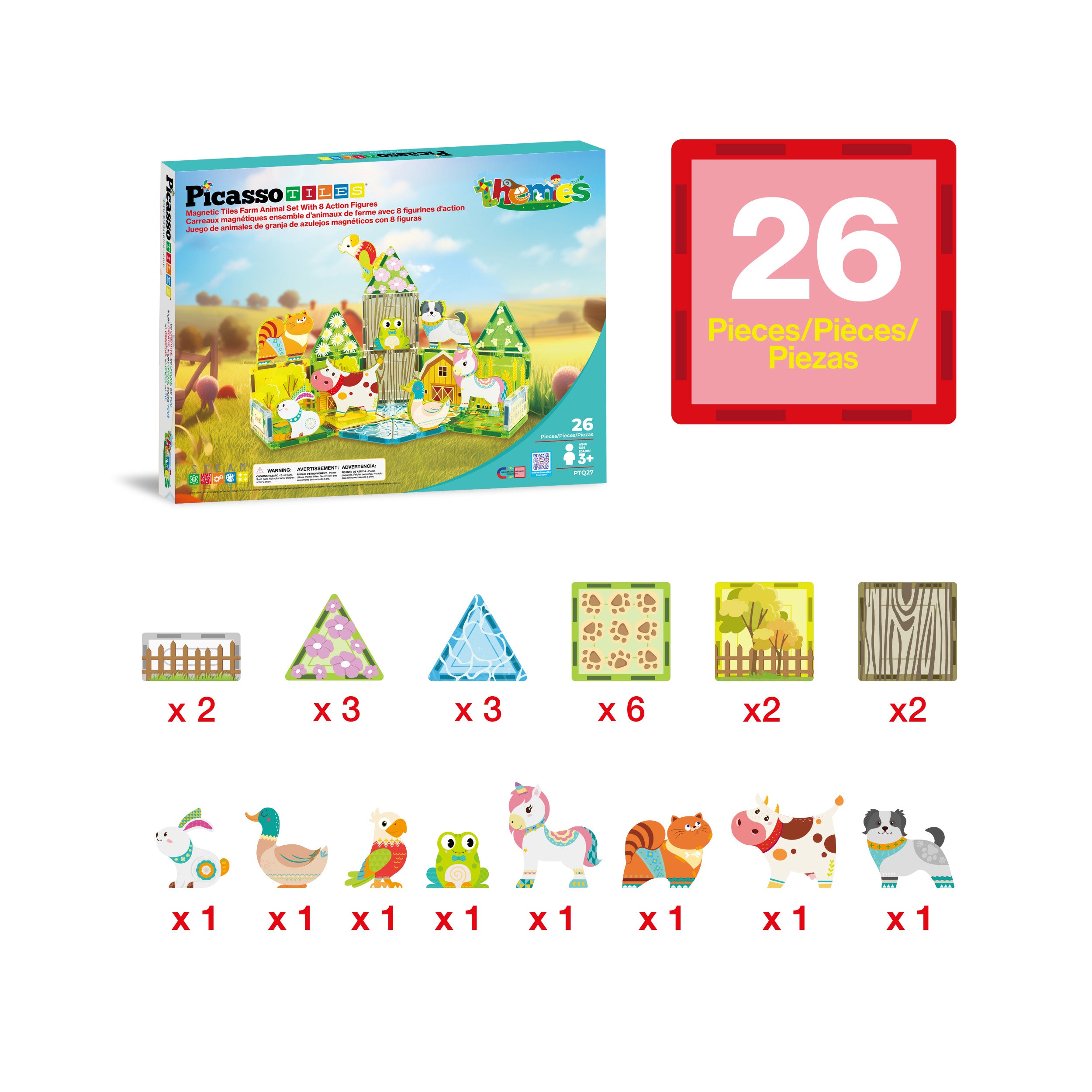 PicassoTiles Magnet Tile Building Blocks Printed Fall Farm Themed Animal Toy Set with 8 Farmyard Animals Character Action Figures