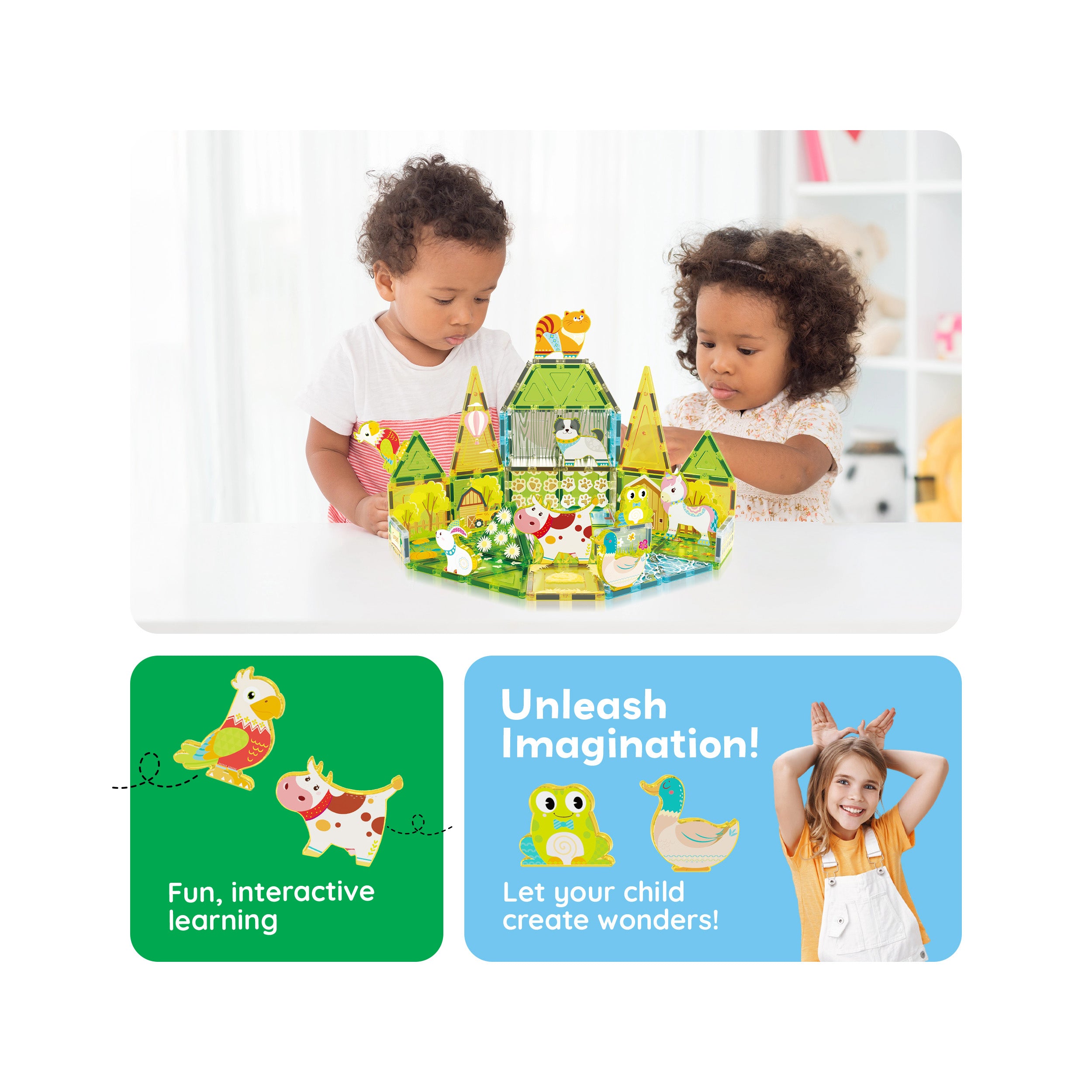 PicassoTiles Magnet Tile Building Blocks Printed Fall Farm Themed Animal Toy Set with 8 Farmyard Animals Character Action Figures