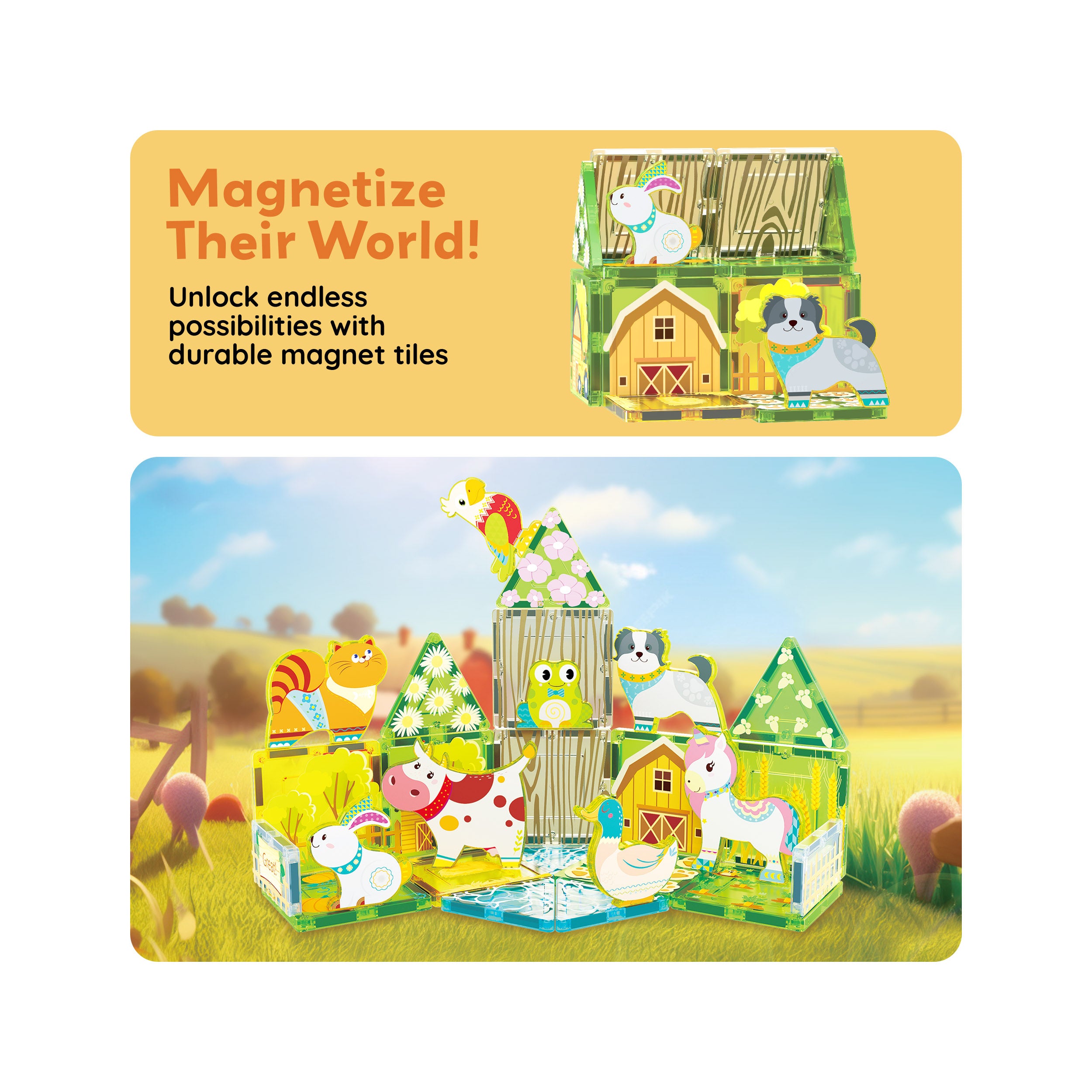 PicassoTiles Magnet Tile Building Blocks Printed Fall Farm Themed Animal Toy Set with 8 Farmyard Animals Character Action Figures