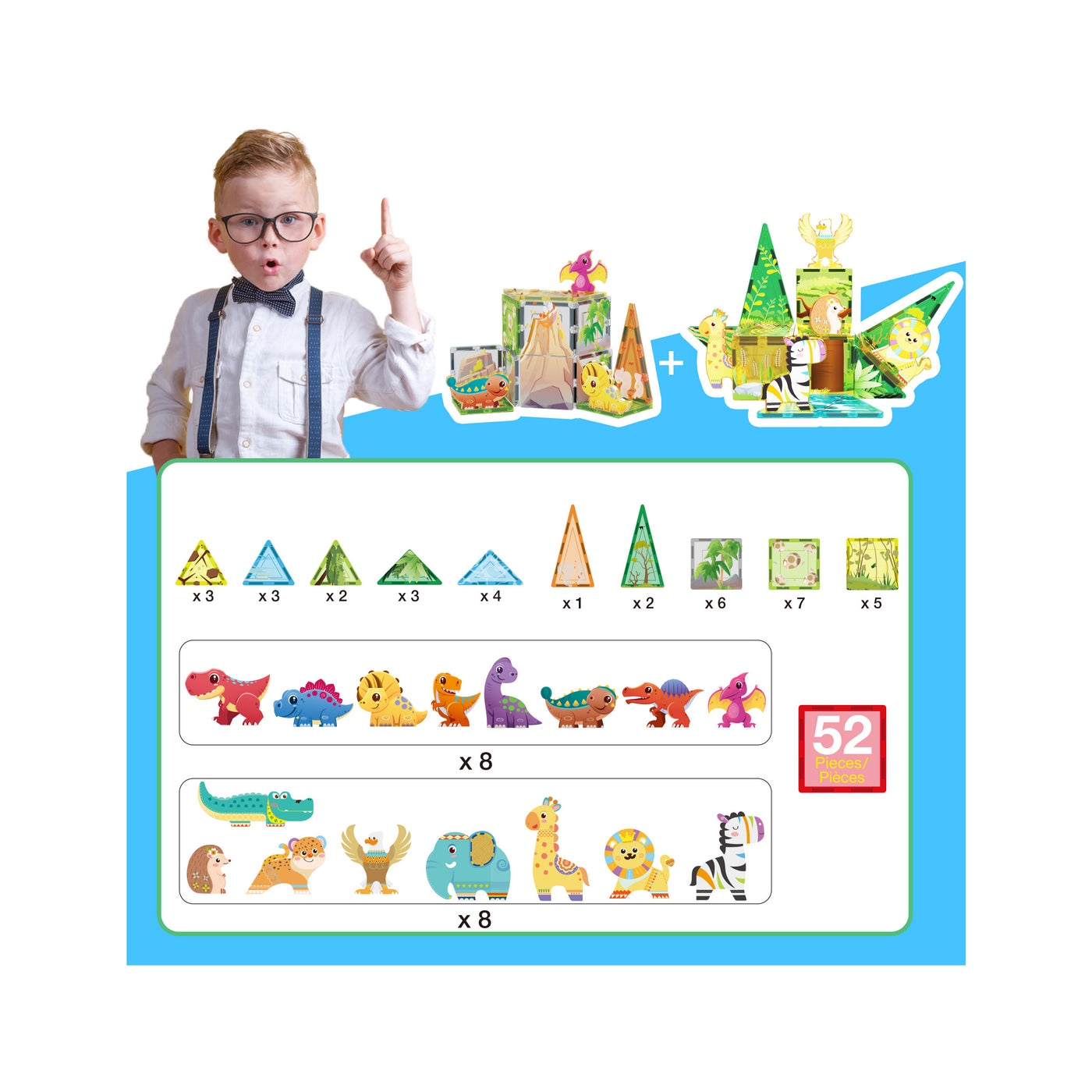 PicassoTiles Dinosaur & Safari Set - 52 Pieces