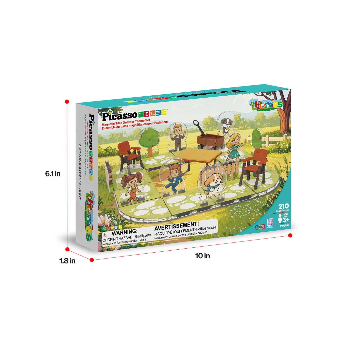 Picasso the Dog puzzle set box shown on a white background with red dimension lines indicating 6.1 in height, 10 in width, and 1.