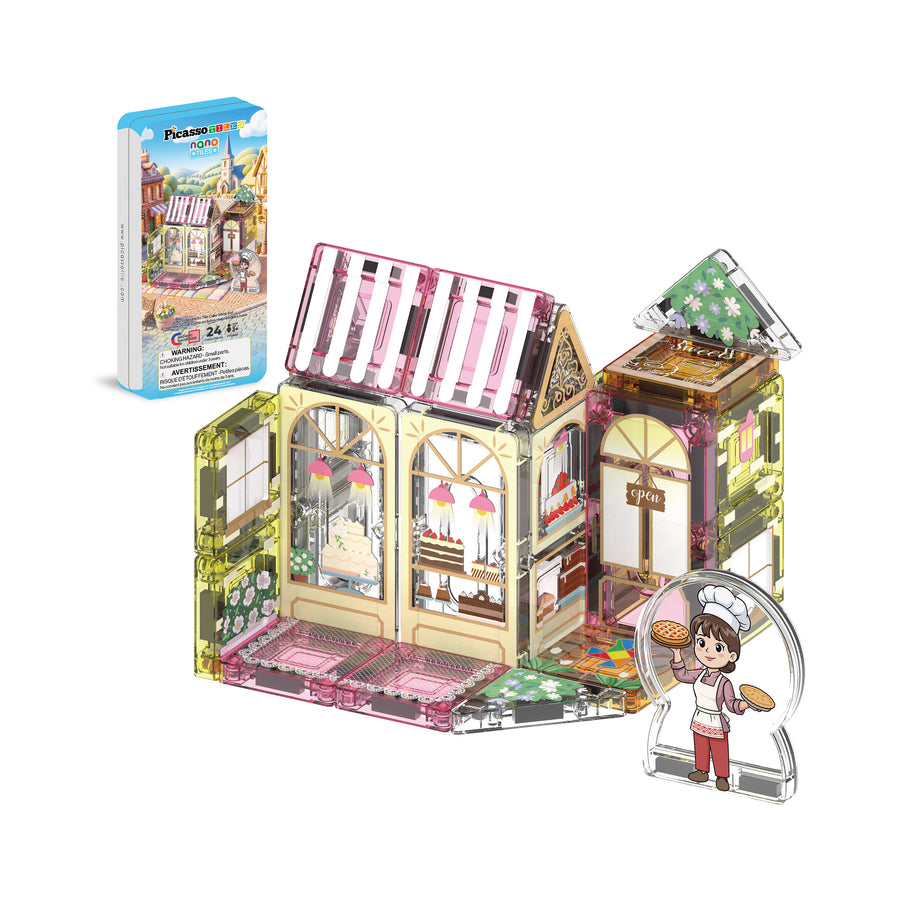 PicassoTiles 24-piece nano magnetic tile bakery shop set with baker figure and tin box packaging.