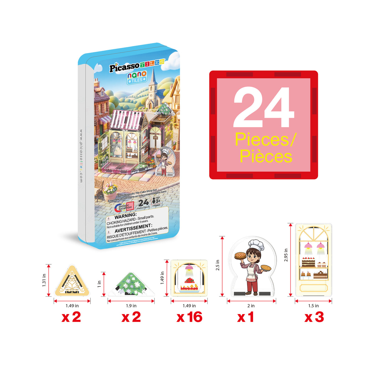 PicassoTiles 24-piece nano magnetic tile bakery set breakdown showing piece counts and component dimensions.   
