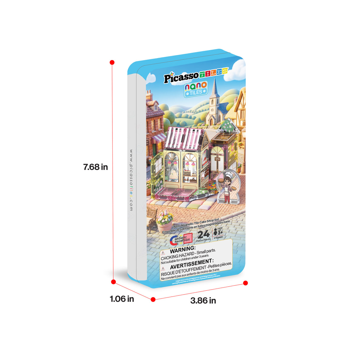 PicassoTiles 24-piece nano bakery set tin box packaging measuring 3.86 x 7.68 x 1.06 inches.   
