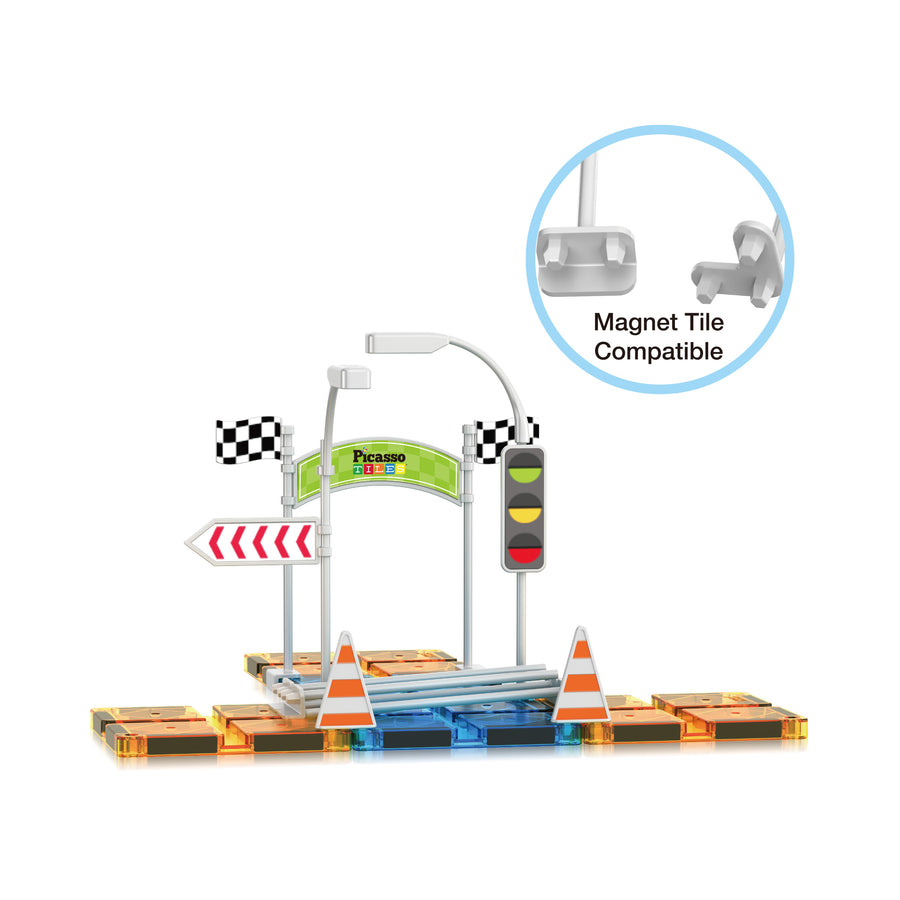 PicassoTiles Magnet Tile Race Track Traffic Sign Accessory 18pc Kit