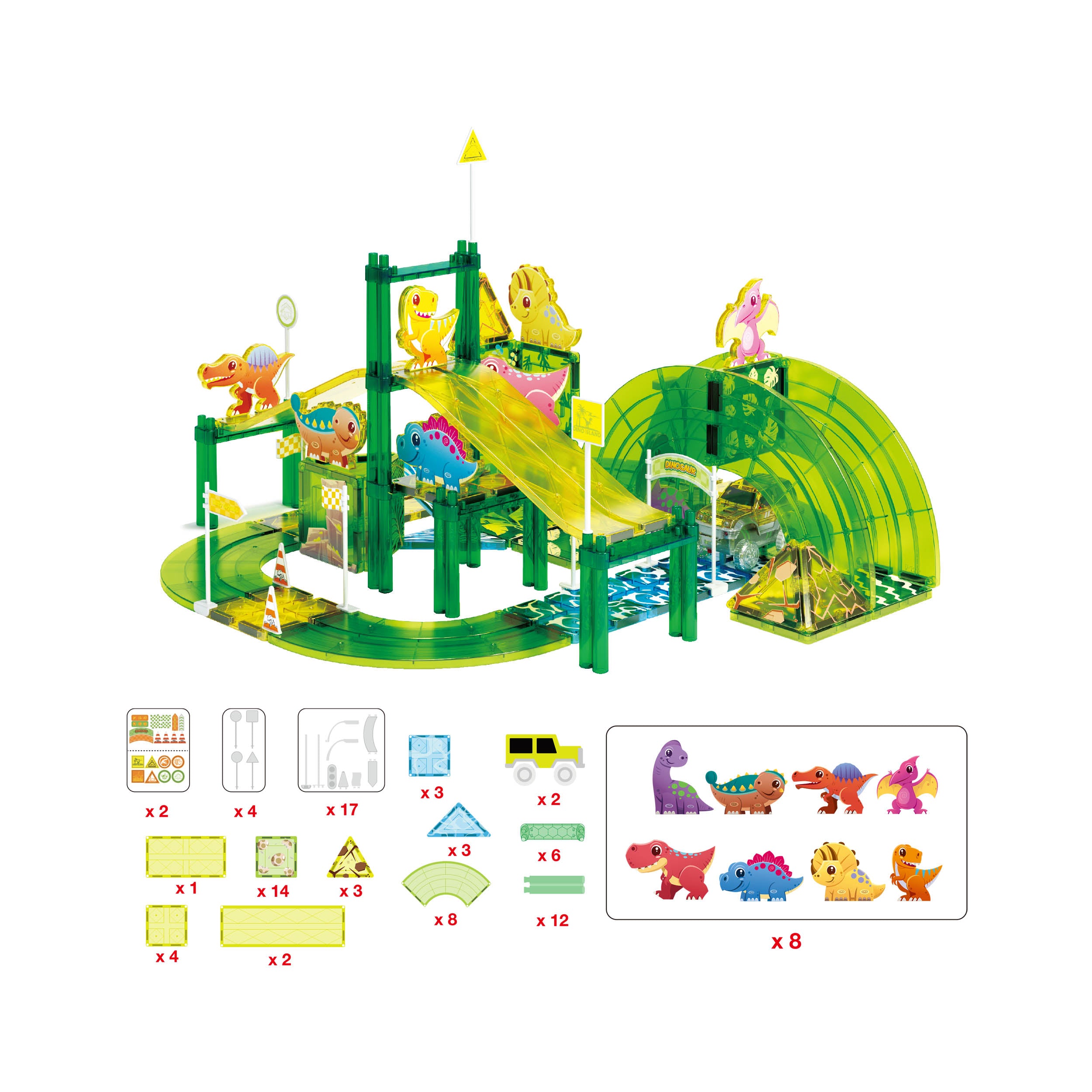 PicassoTiles Magnetic Dinosaur Race Car Track Building Tile Set