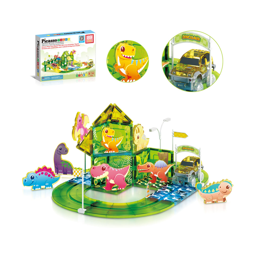dinosaur magnetic race track built with curves slopes and decorative tiles